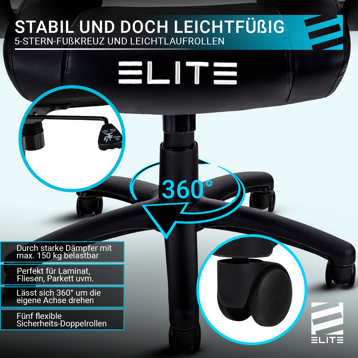 Ein schwarzer ELITE-Gaming-Stuhl mit Text, der Funktionen wie 360° Drehung und 150 kg max. Belastung beschreibt.