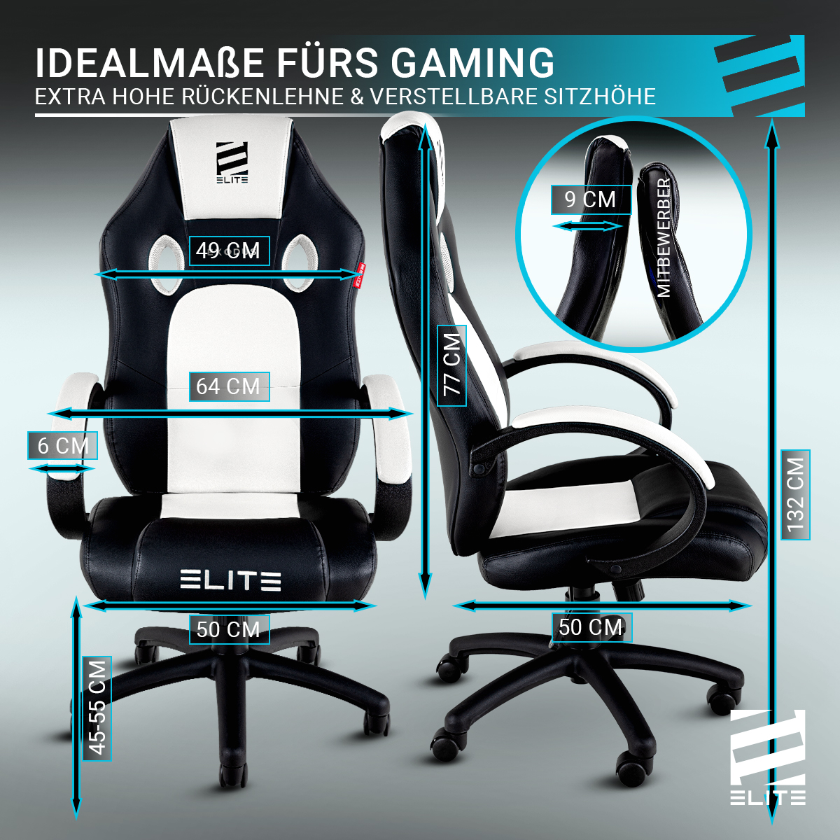 Gaming-Stuhl, schwarz und weiß, Maße gezeigt, weißer Hintergrund.