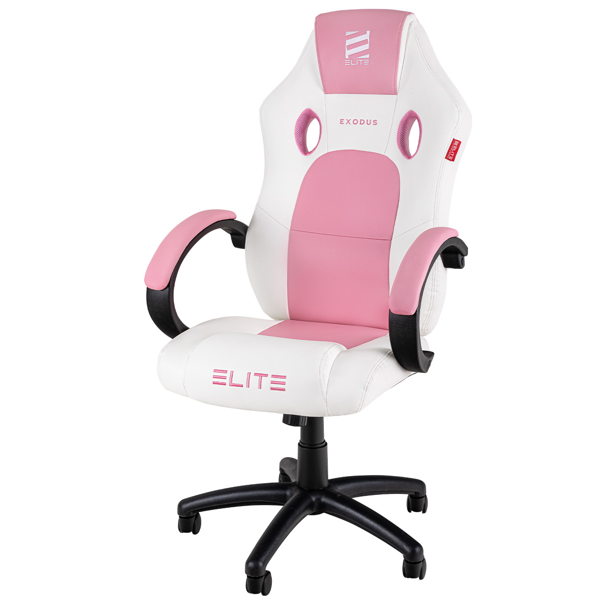 Weißer und rosa Gaming-Stuhl mit den Wörtern ELITE und EXODUS.