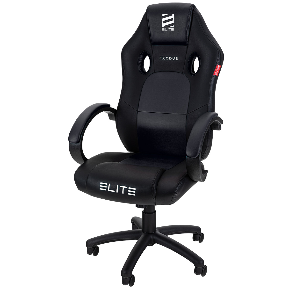 Ein schwarzer und lederner Elite Exodus Gaming-Stuhl mit weißem Logo.