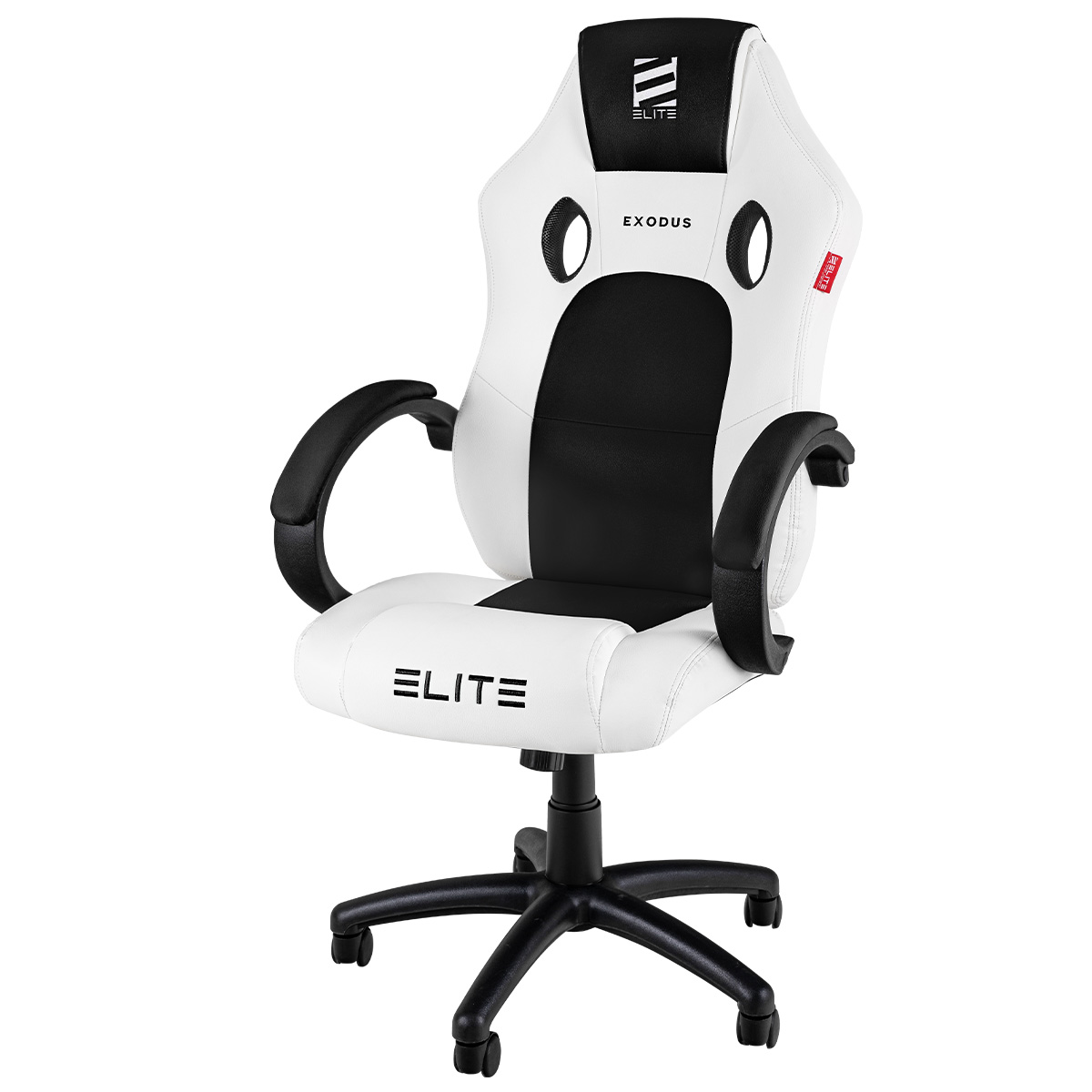 Weißer und schwarzer Gaming-Stuhl mit roten Akzenten, auf weißem Hintergrund. Mit dem Wort ELITE.