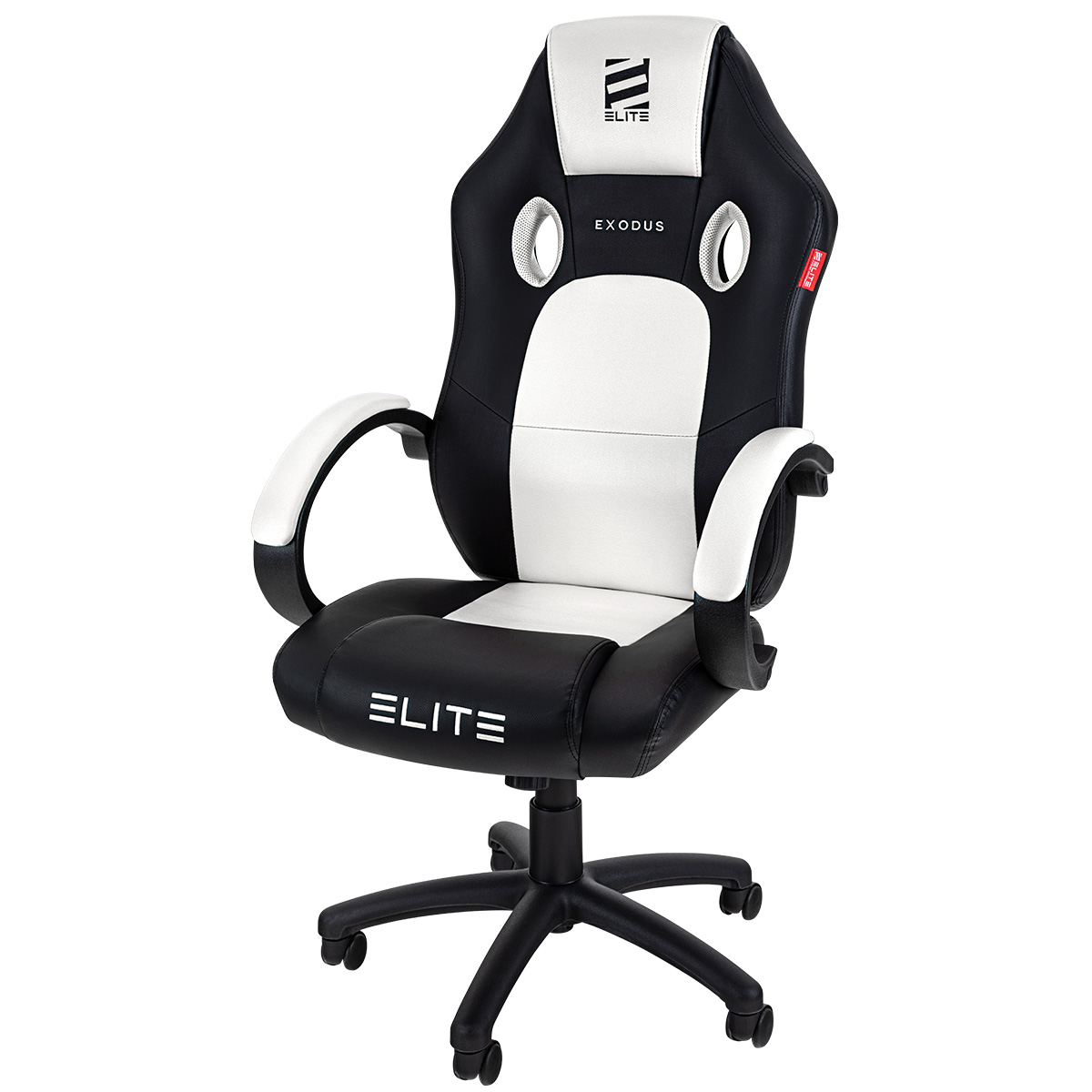 Schwarzer und weißer Gaming-Stuhl mit roten Akzenten. Hat Armlehnen und eine schwarze Basis mit Rädern.