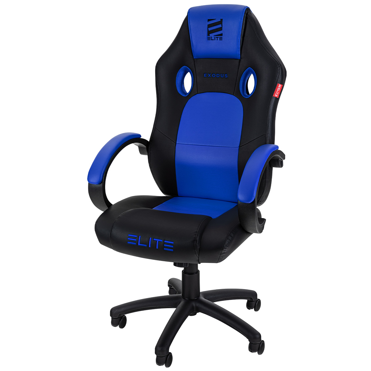 Schwarzer und blauer Gaming-Stuhl mit ELITE- und EXODUS-Branding.