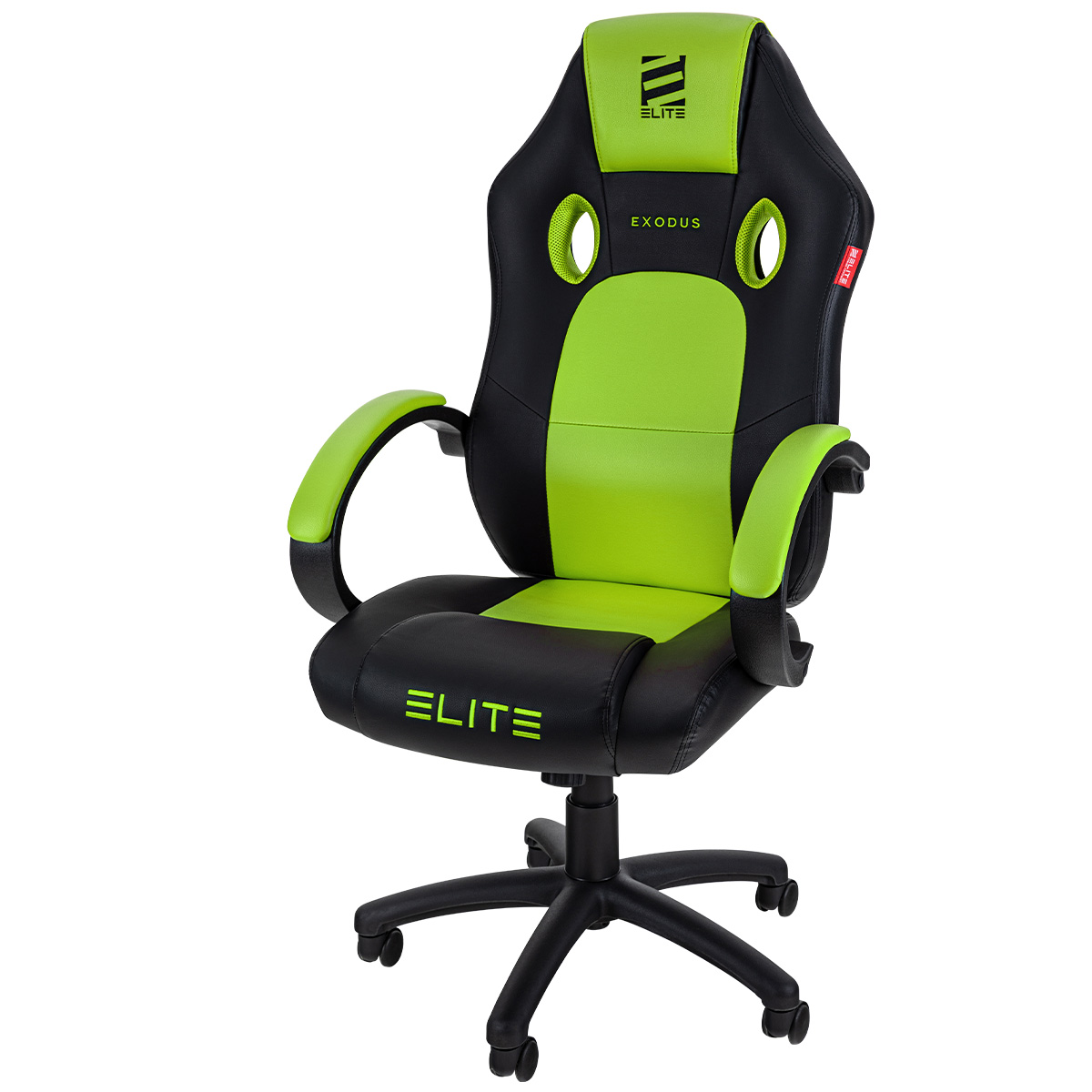 Schwarzer und grüner Gaming-Stuhl. Schwarze Basis mit fünf Rädern.