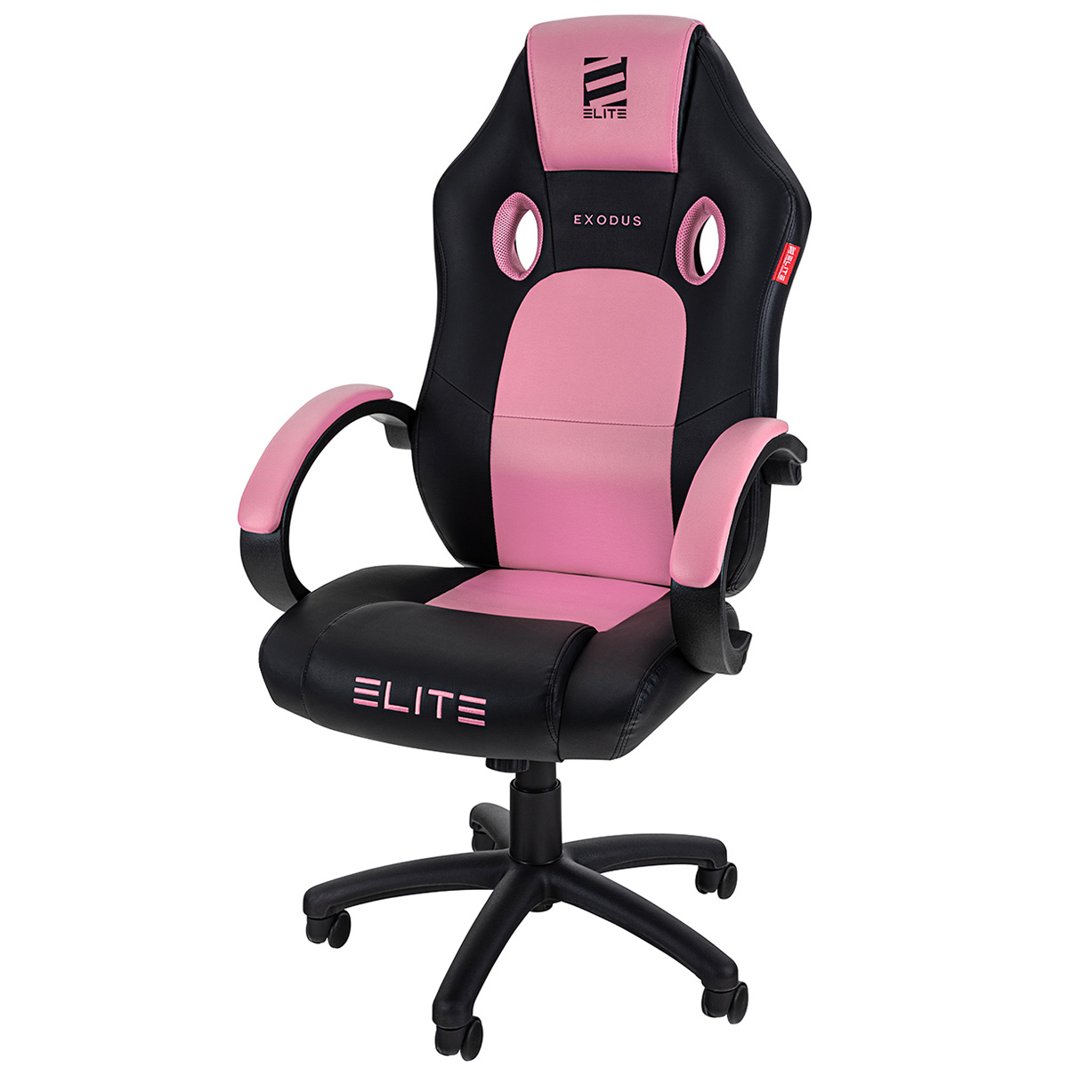 Pinkfarbener und schwarzer Gaming-Stuhl mit dem Wort ELITE und EXODUS darauf.