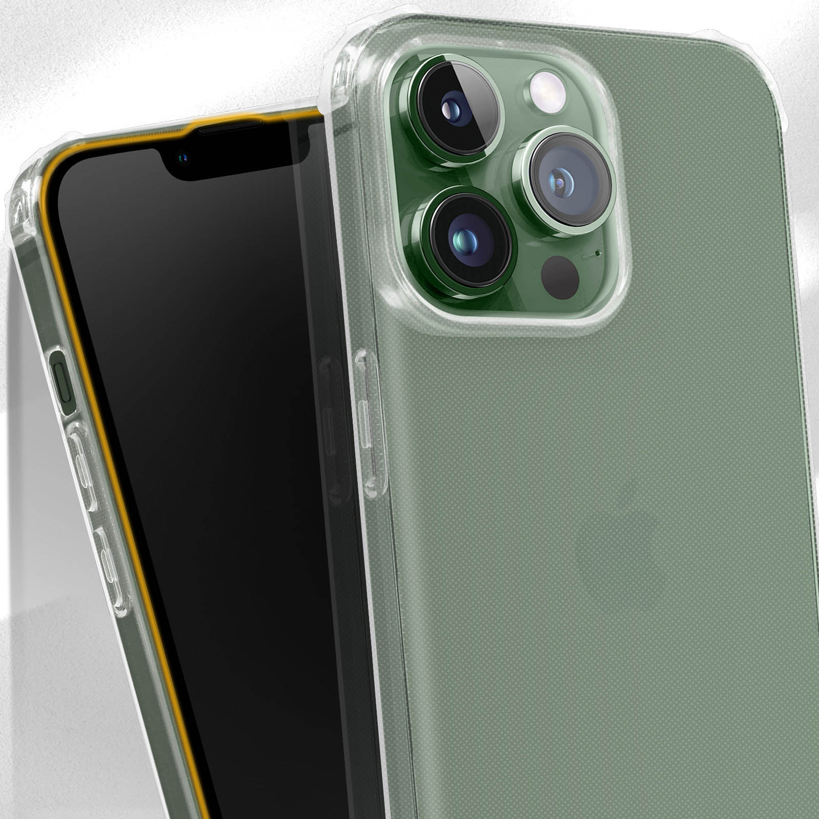 Close-up van een telefoonhoesje met een telefoon erin. Groene hoes.