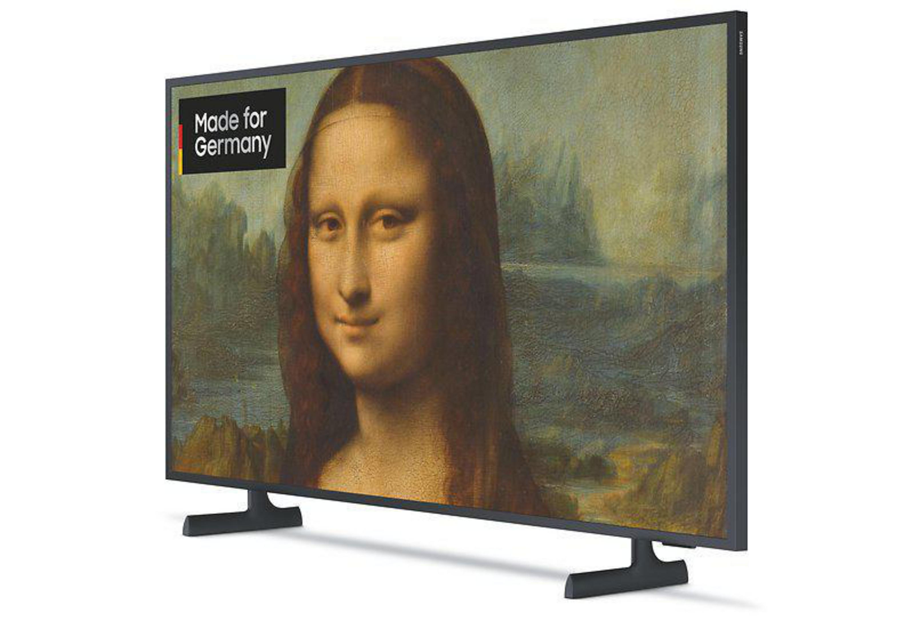 Telewizor z płaskim ekranem wyświetlający obraz Mona Lisy. Ma czarną ramę i czarne nogi. Tło jest białe.