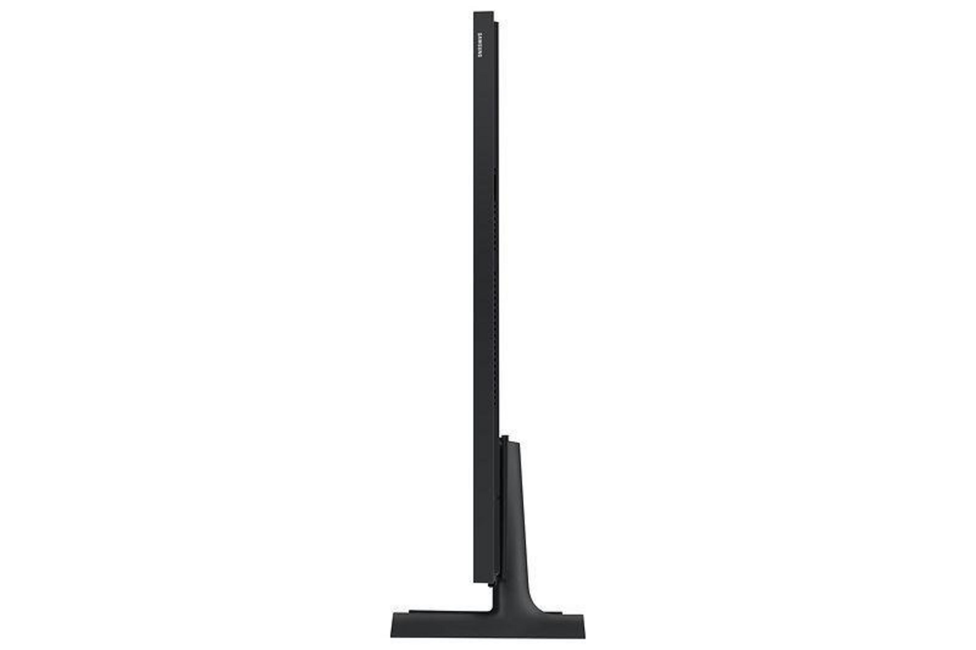 Czarny telewizor, widok z boku, stojący na stojaku.