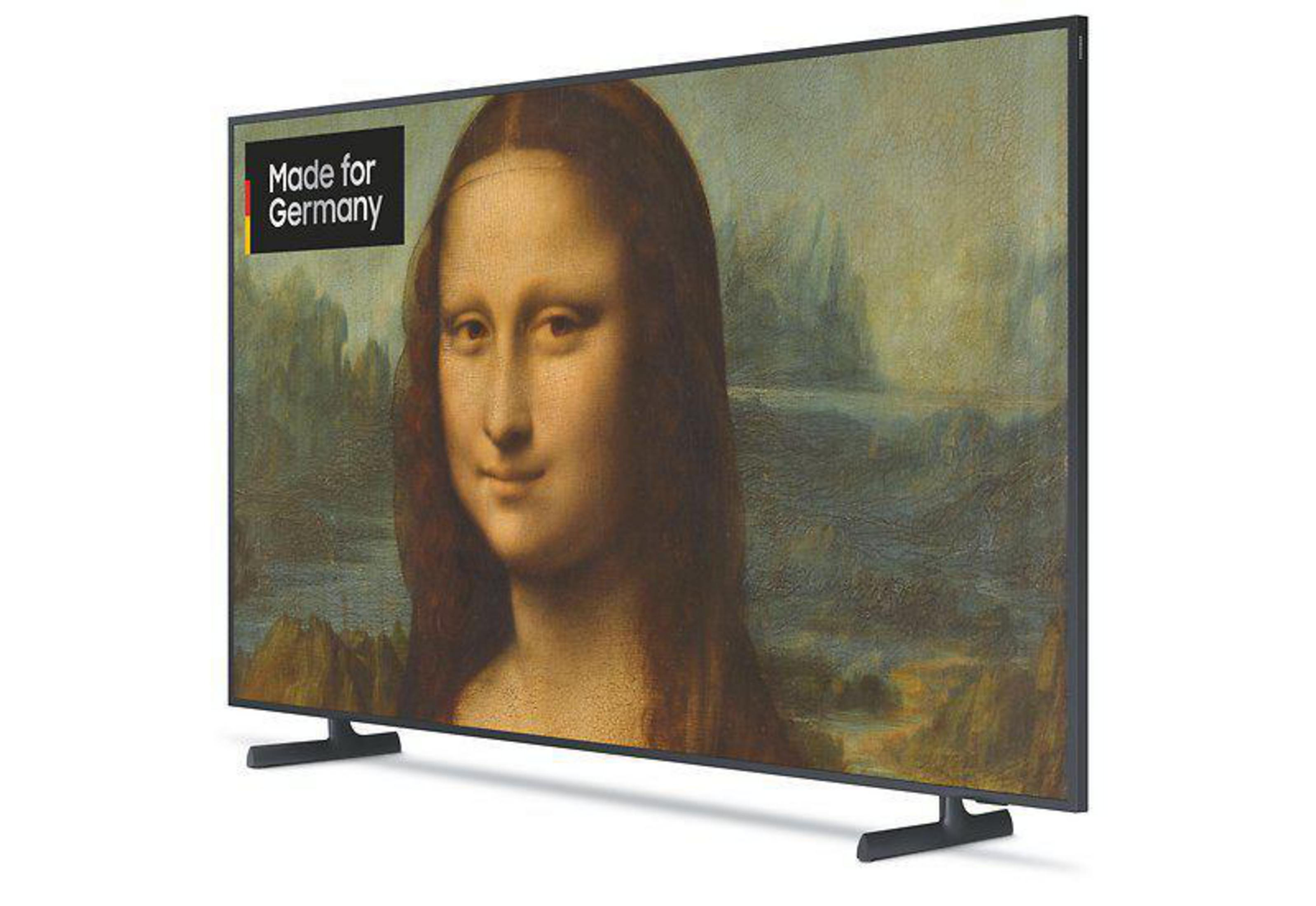 Telewizor Samsung wyświetla Mona Lisę z logo 'Made for Germany' w lewym górnym rogu.
