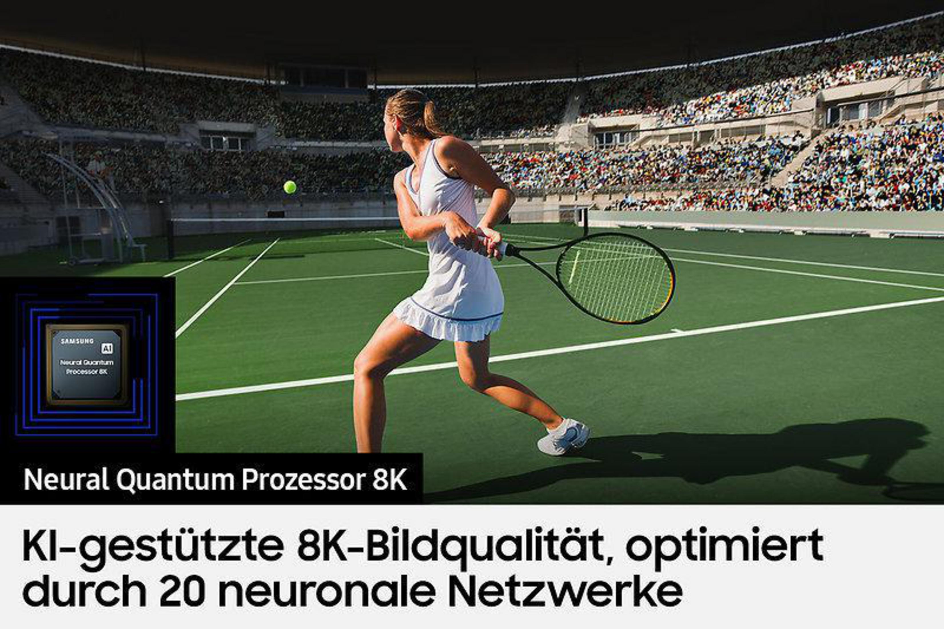 Kobieta gra w tenisa. Tekst i małe pudełko mówią Neural Quantum Prozessor 8K i Samsung AI.
