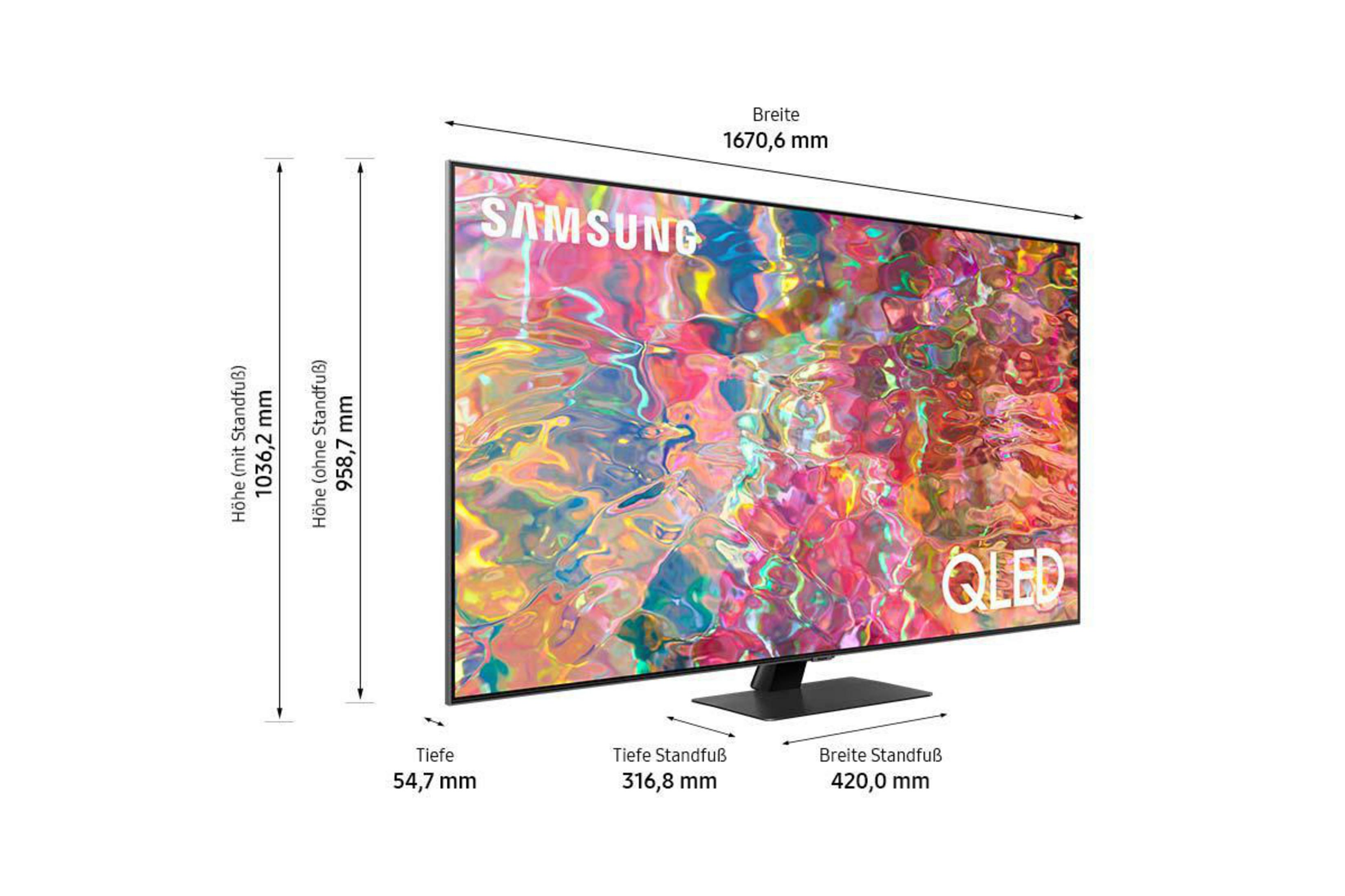 Ein Samsung QLED-Fernseher mit Maßangaben. Zeigt Höhe, Breite und Tiefe.