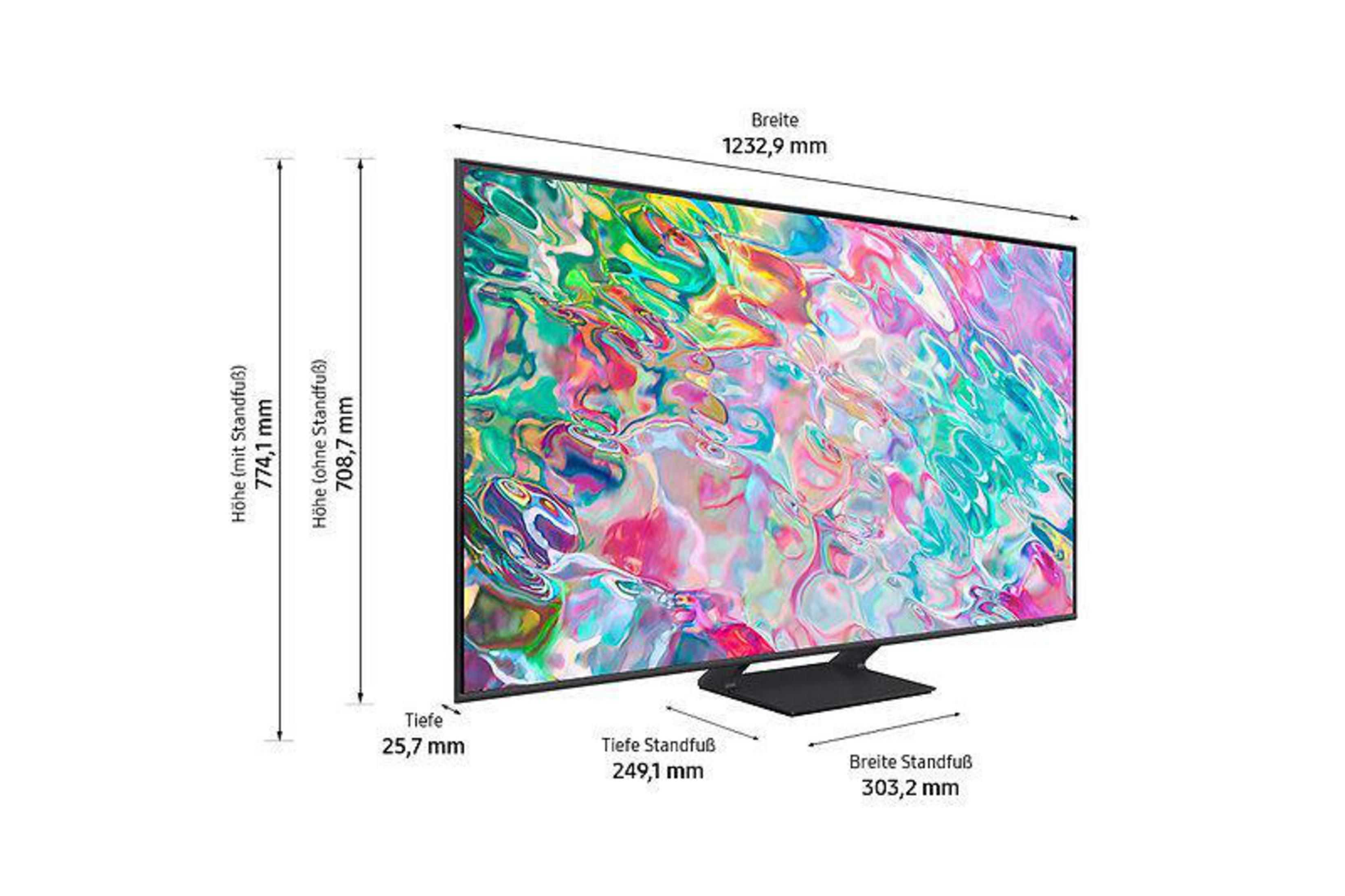 Ekran telewizora z wymiarami. Ekran wyświetla kolorowe wzory. Stojak jest czarny.