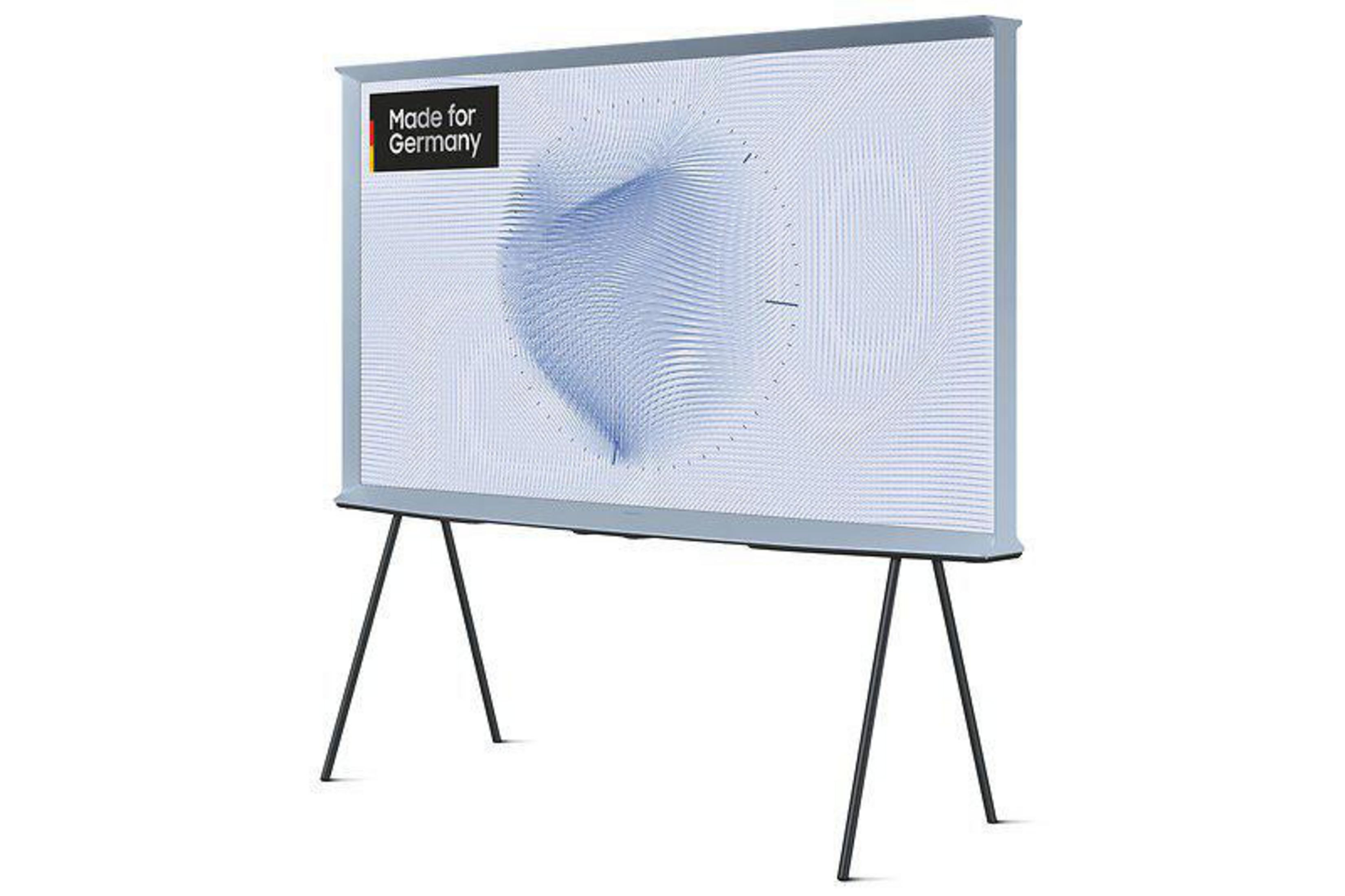 Telewizor Samsung na stojaku, z abstrakcyjnym wzorem. Etykieta Made for Germany.