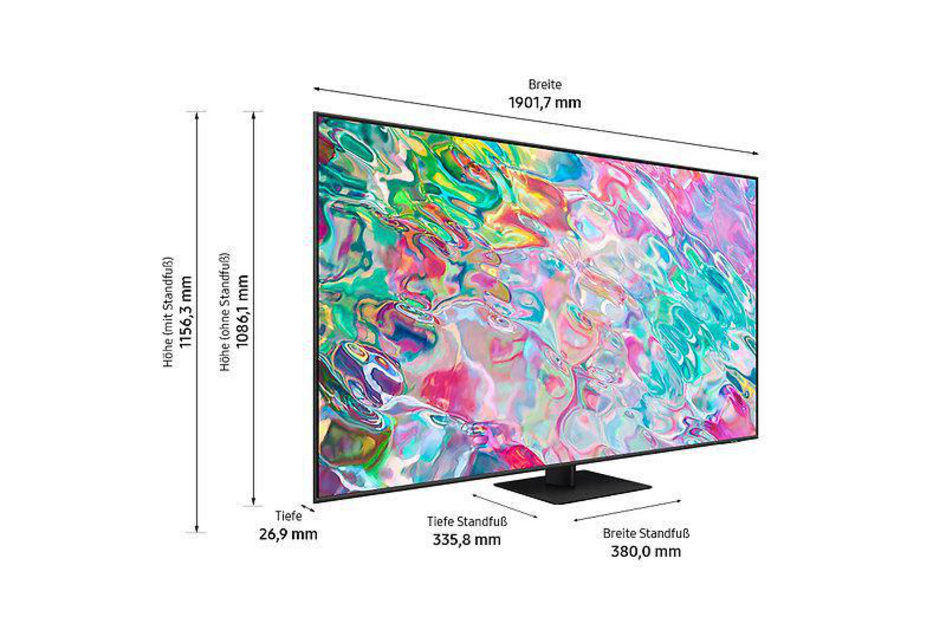 Czarny telewizor z wyświetlonymi wymiarami. Telewizor stoi na podstawie. Pomiary obejmują wysokość, szerokość i głębokość.