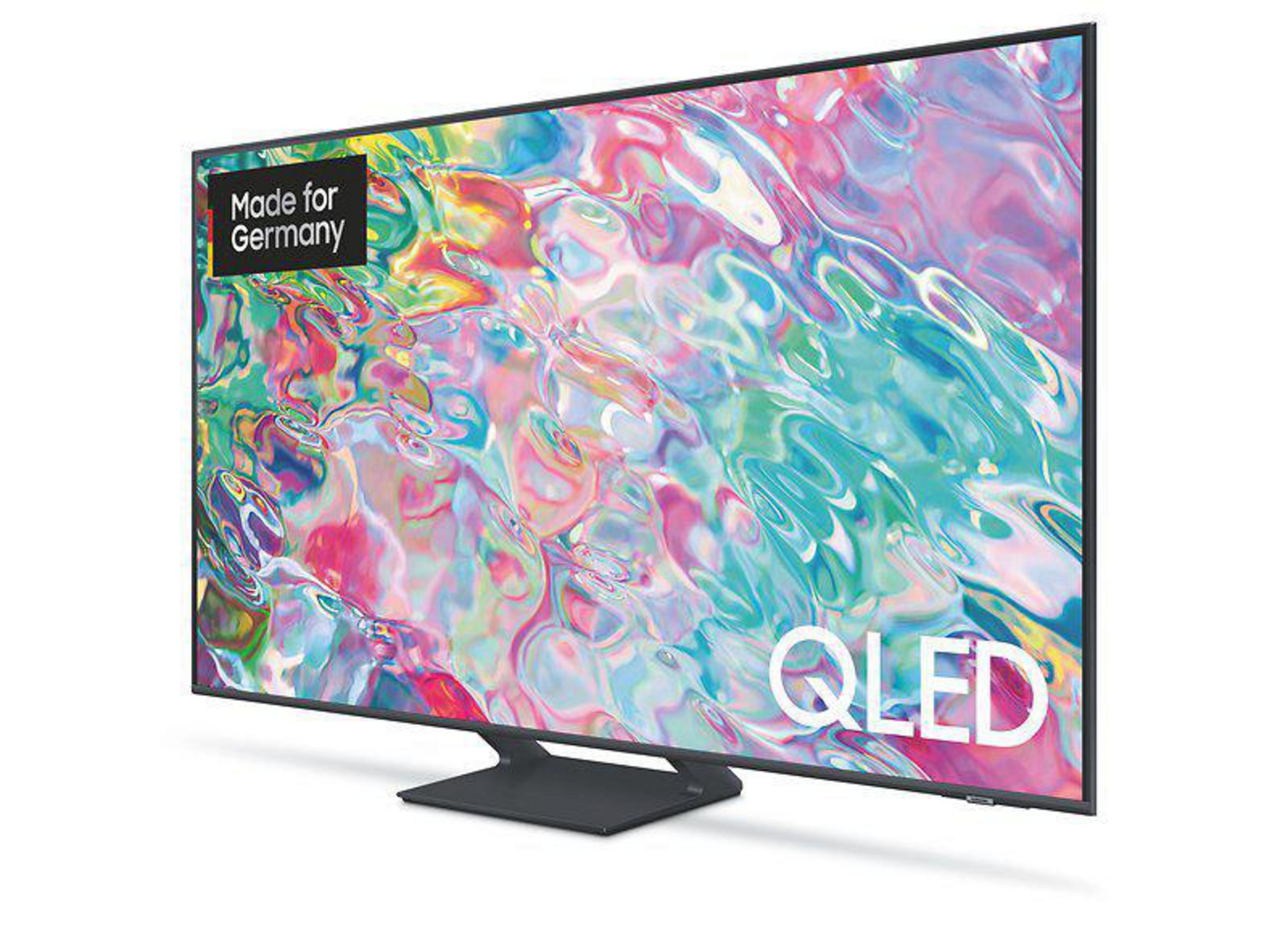 Ein großer QLED-Fernseher mit einem bunten abstrakten Hintergrund, montiert auf einem schwarzen Ständer.