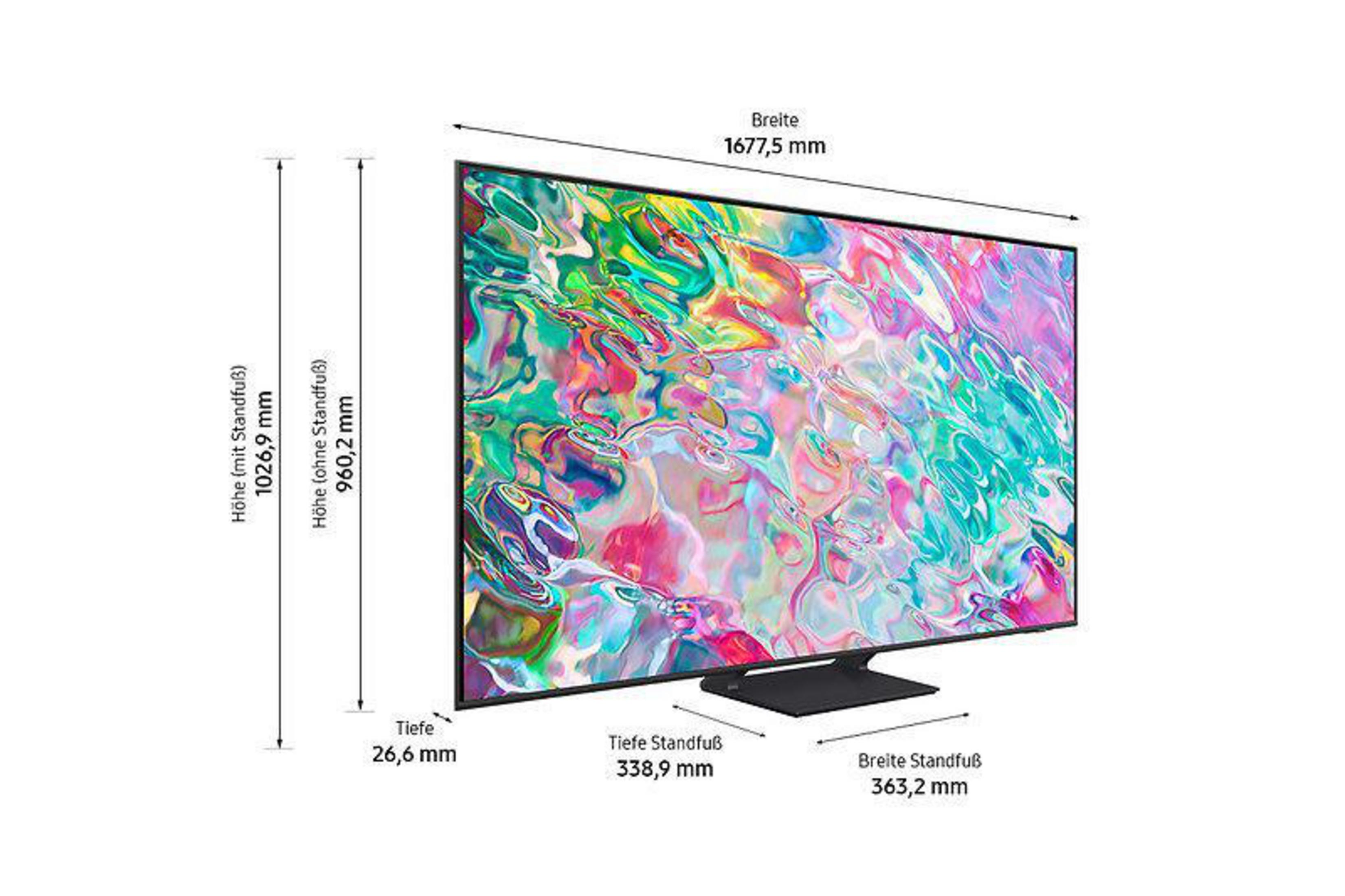 Ein Fernseher, der Abmessungen mit Messungen in Millimetern und Textbeschriftungen anzeigt.