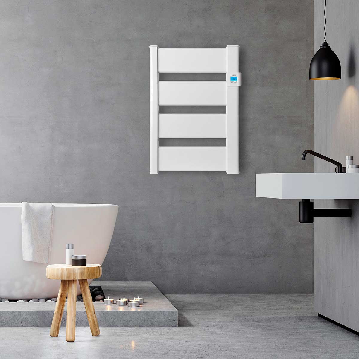 Un baño moderno con un toallero radiador blanco y una pared gris.