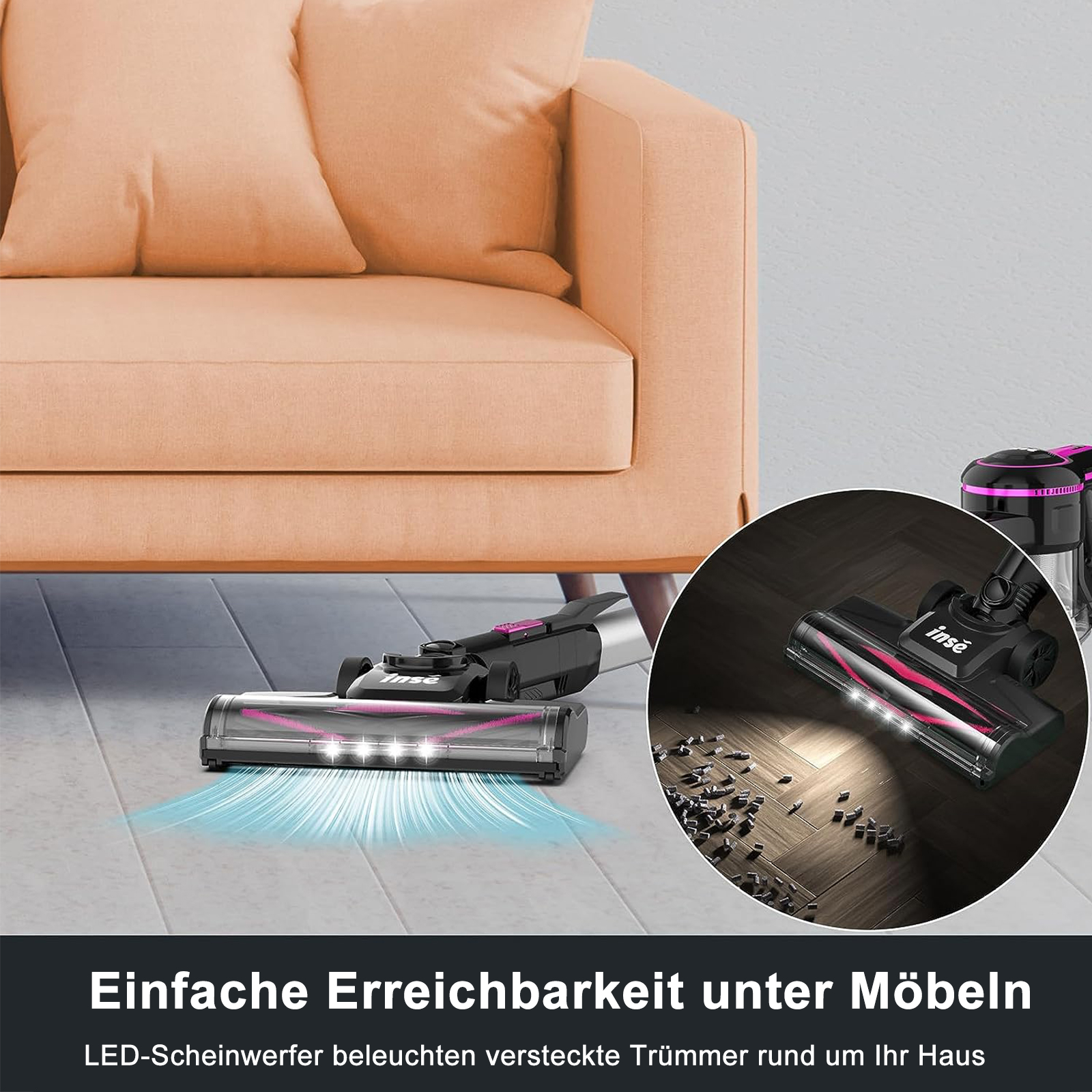 Ein Stabstaubsauger mit Lichtern, neben einem Sofa und einem runden Objekt mit Lichtern.