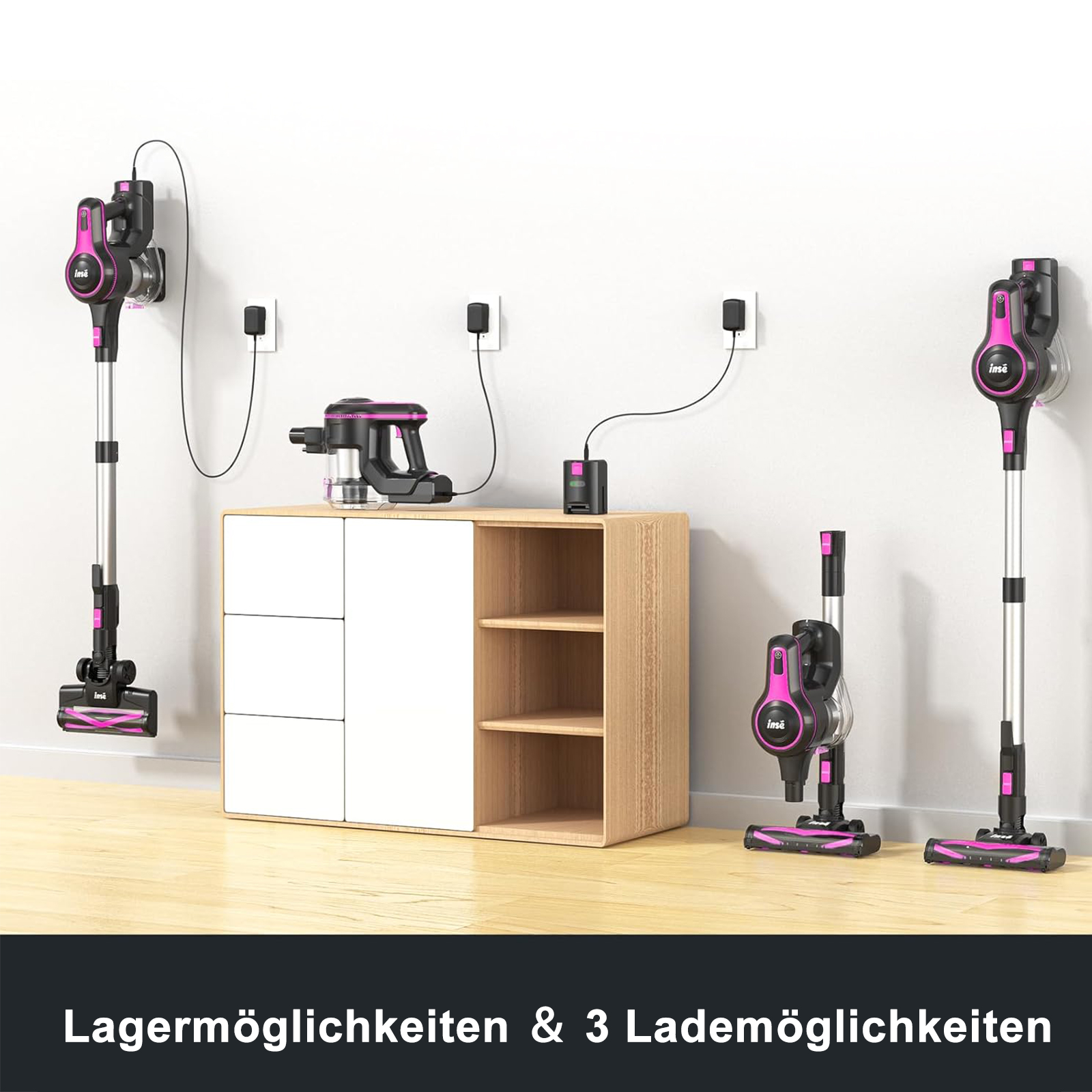 Drei Staubsauger in einem Raum, mit Ladestationen und einem Schrank.