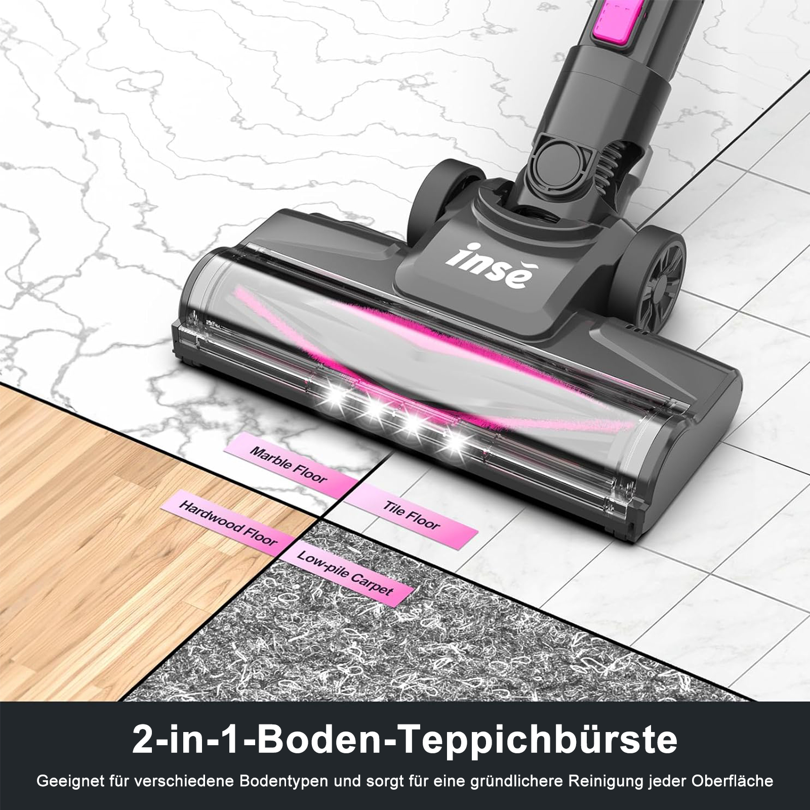 Grauer Staubsauger mit rosa Akzenten reinigt verschiedene Bodenbeläge, weißer Hintergrund.