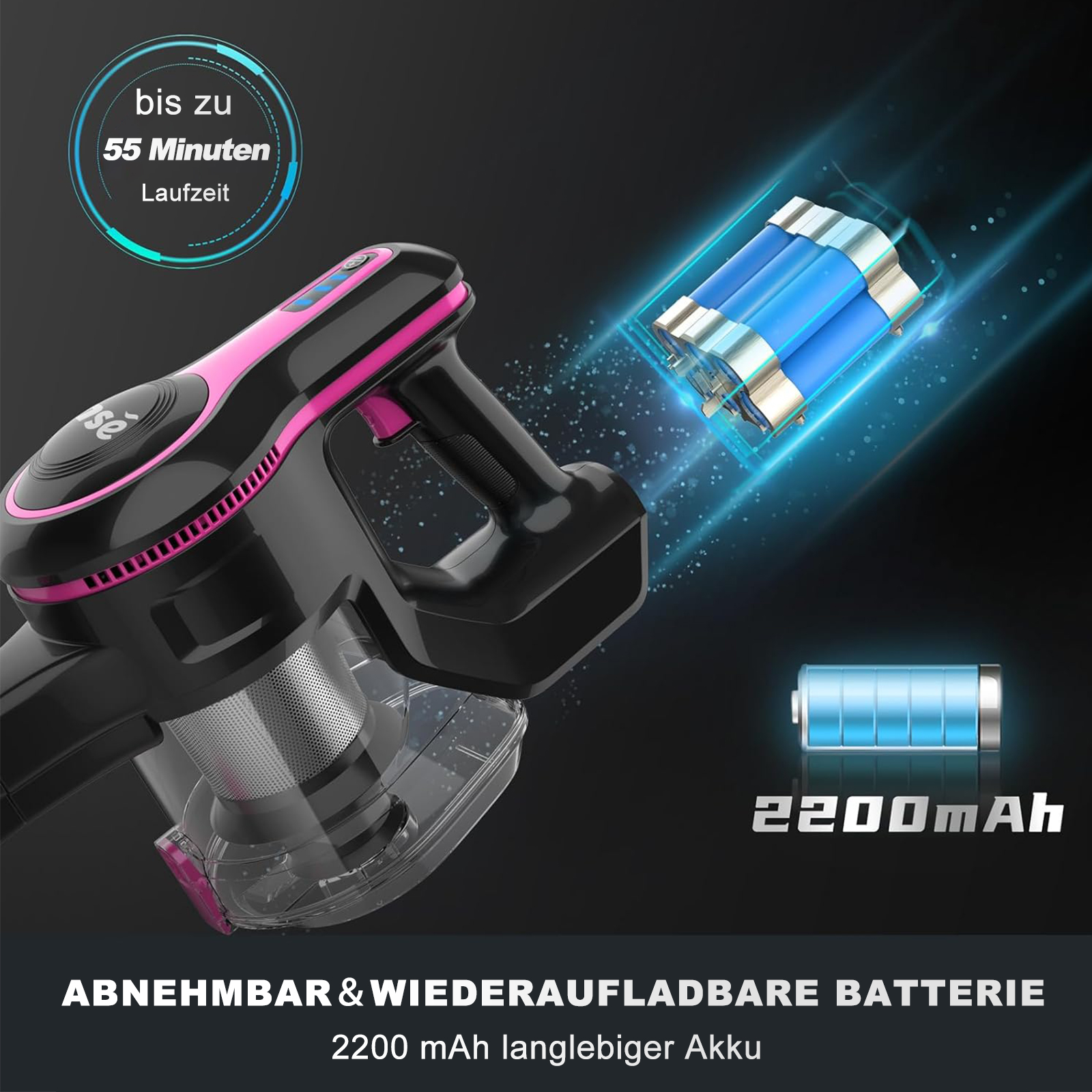 Ein kabelloser Staubsauger mit rosa Akzent wird mit einem Akku gezeigt, der entnehmbar sein soll.