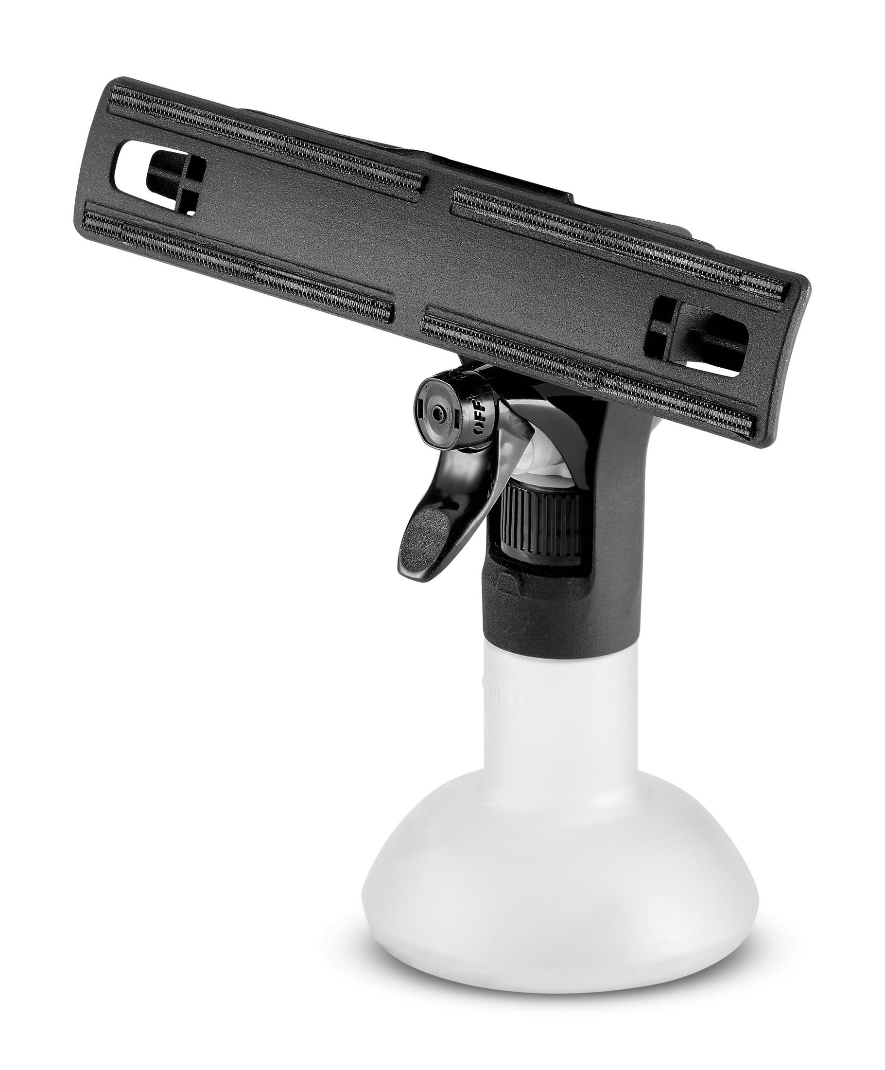 Eine weiß-schwarze Sprühflasche mit Griff und einem schwarzen Clip-on-Gerät.