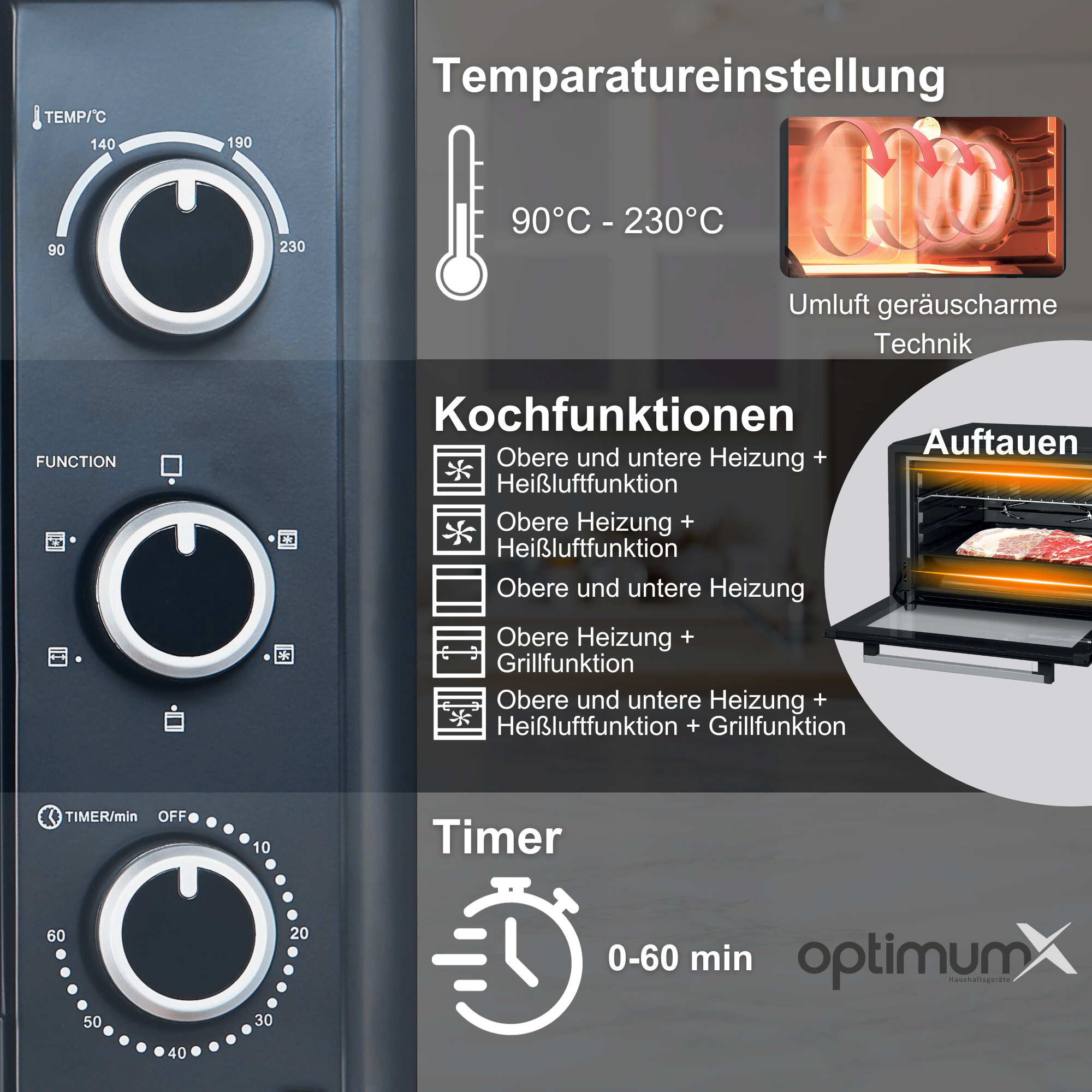 OPTIMUMX XXL Backofen Gitter-Set 2200W, mit Mini Liter HAUSHALTSGERÄTE und 60 Backblech Umluft,