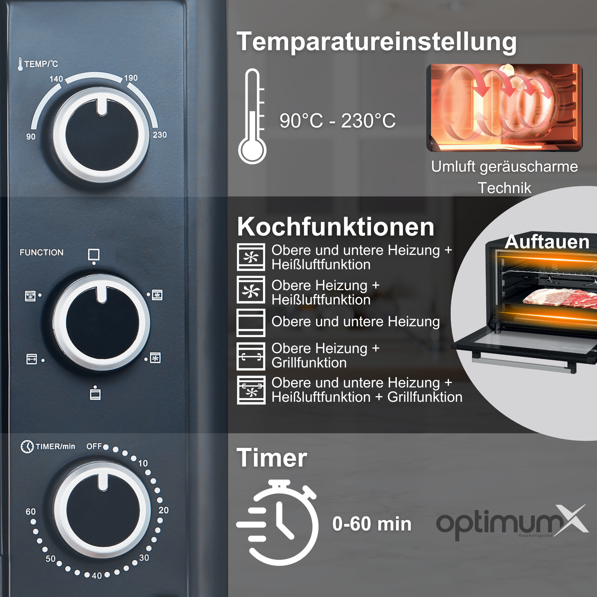 Backofen-Bedienfeld mit Drehreglern und Funktionssymbolen.