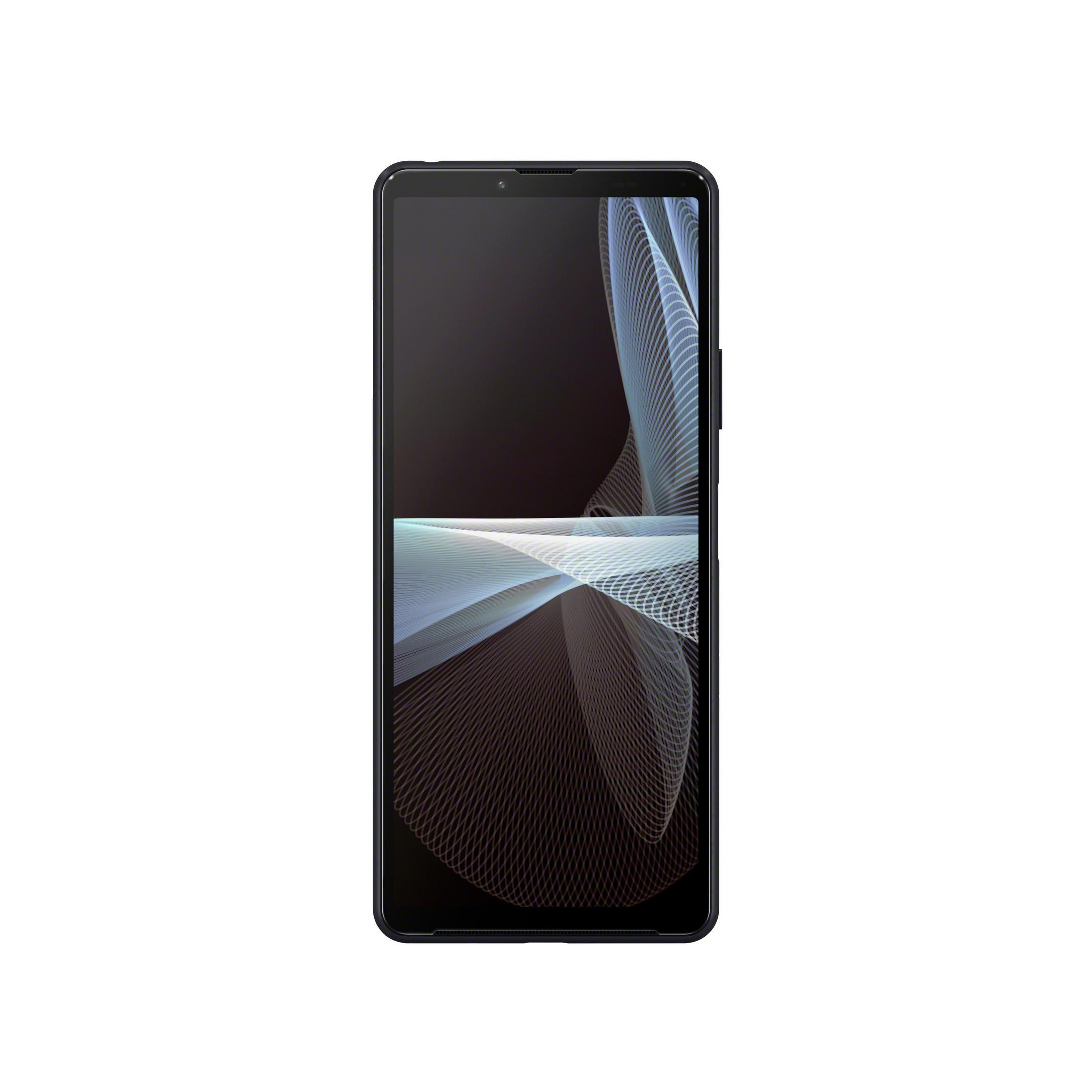 Black smartphone with a screen displaying a wavy, abstract design. The phone is vertical.