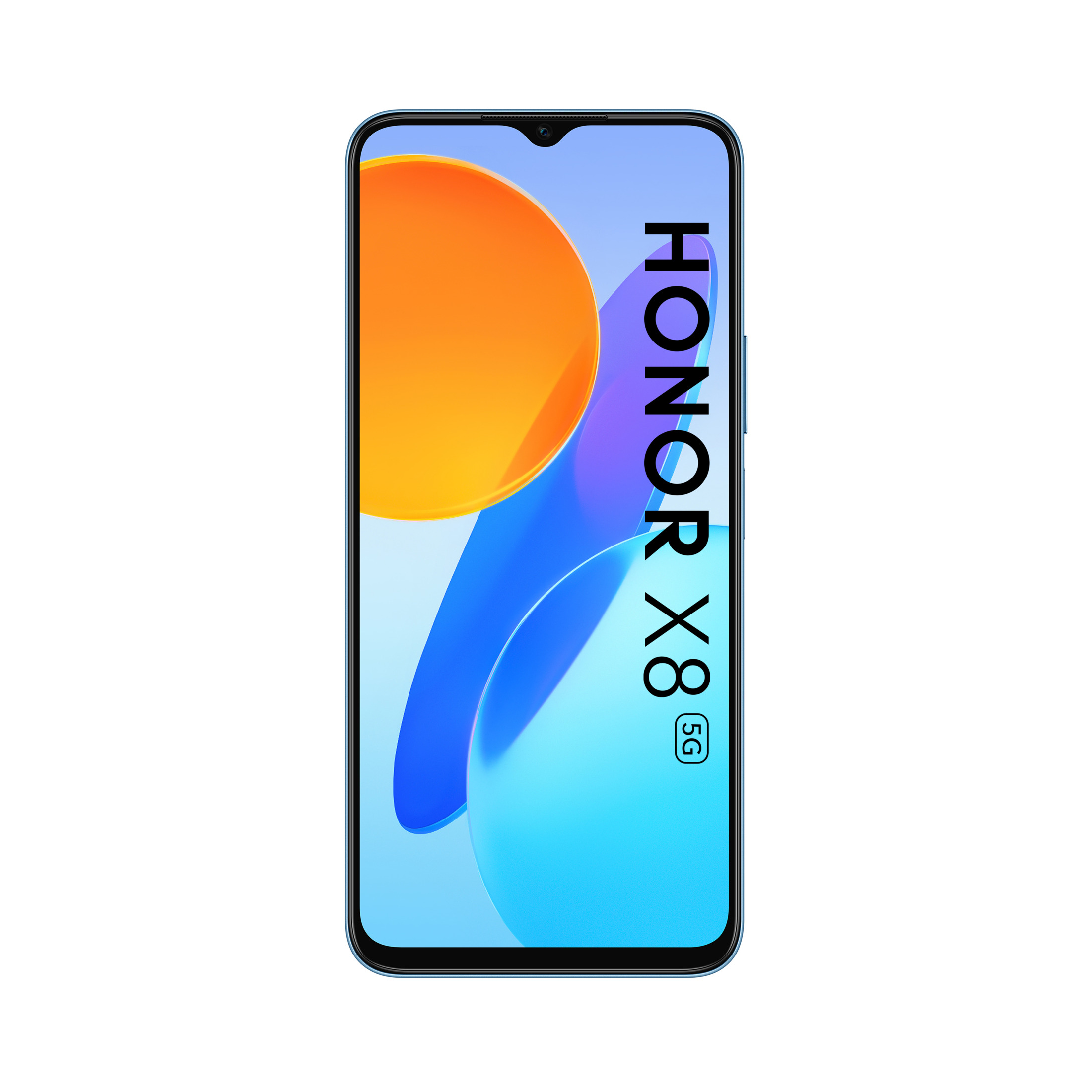 Smartfon wyświetlający logo Honor X8 5G na ekranie, z kolorowym tłem.