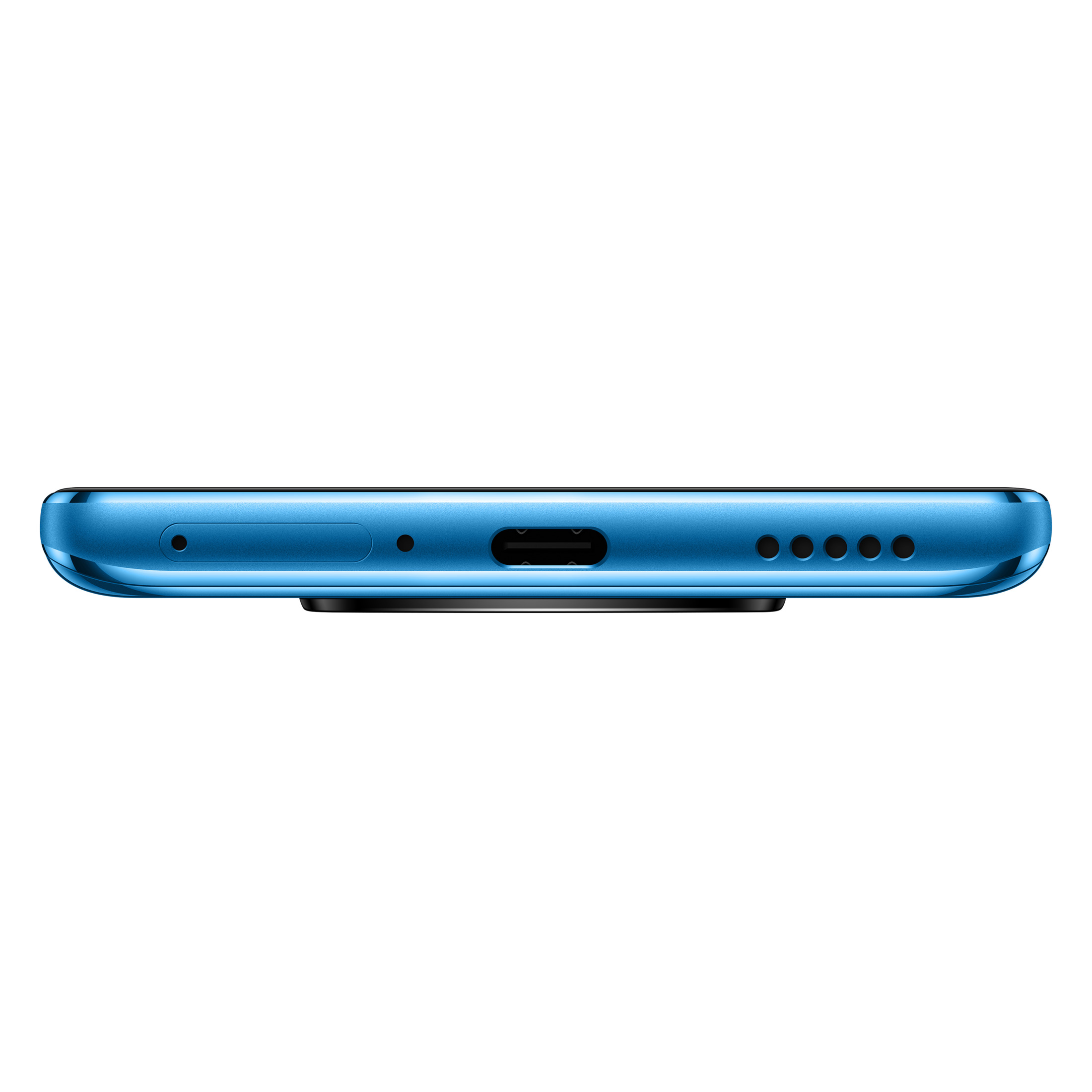 La parte inferiore di uno smartphone blu. Il telefono ha una porta USB-C e fori per altoparlanti.