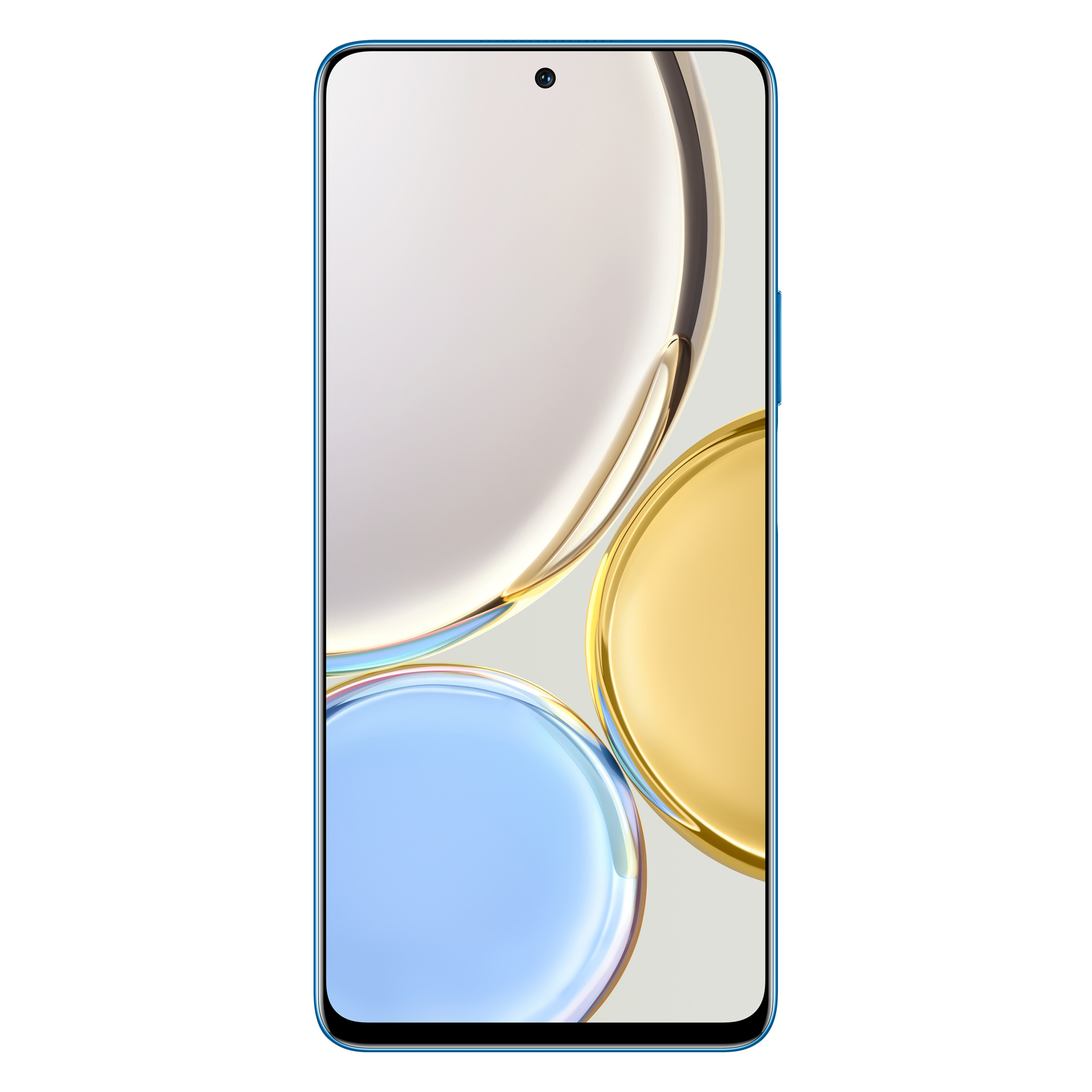 Smartphone blu con display che mostra uno sfondo colorato. Il telefono ha una cornice blu.