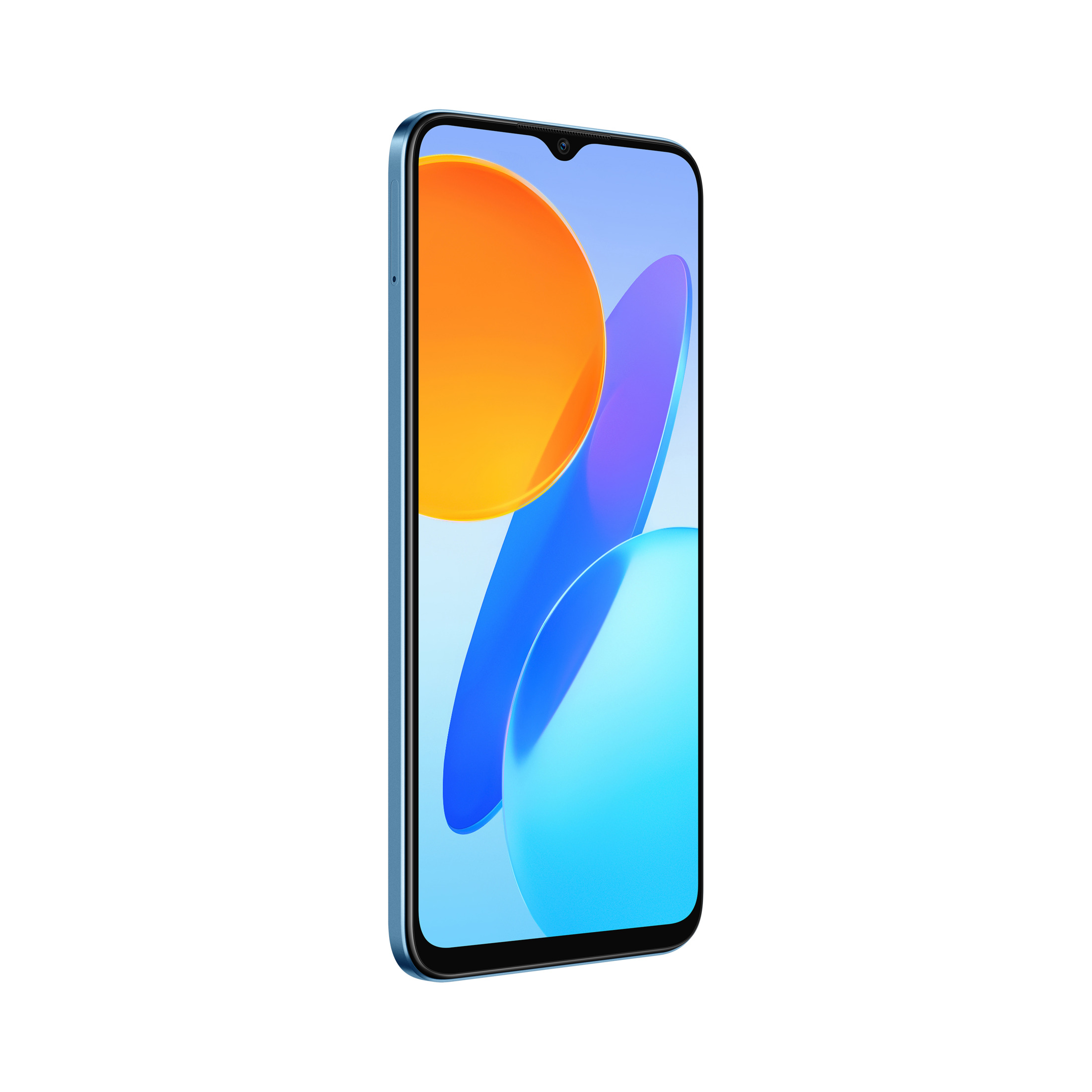 Niebieski smartfon z dużym pomarańczowo-niebieskim wyświetlaczem na białym tle.