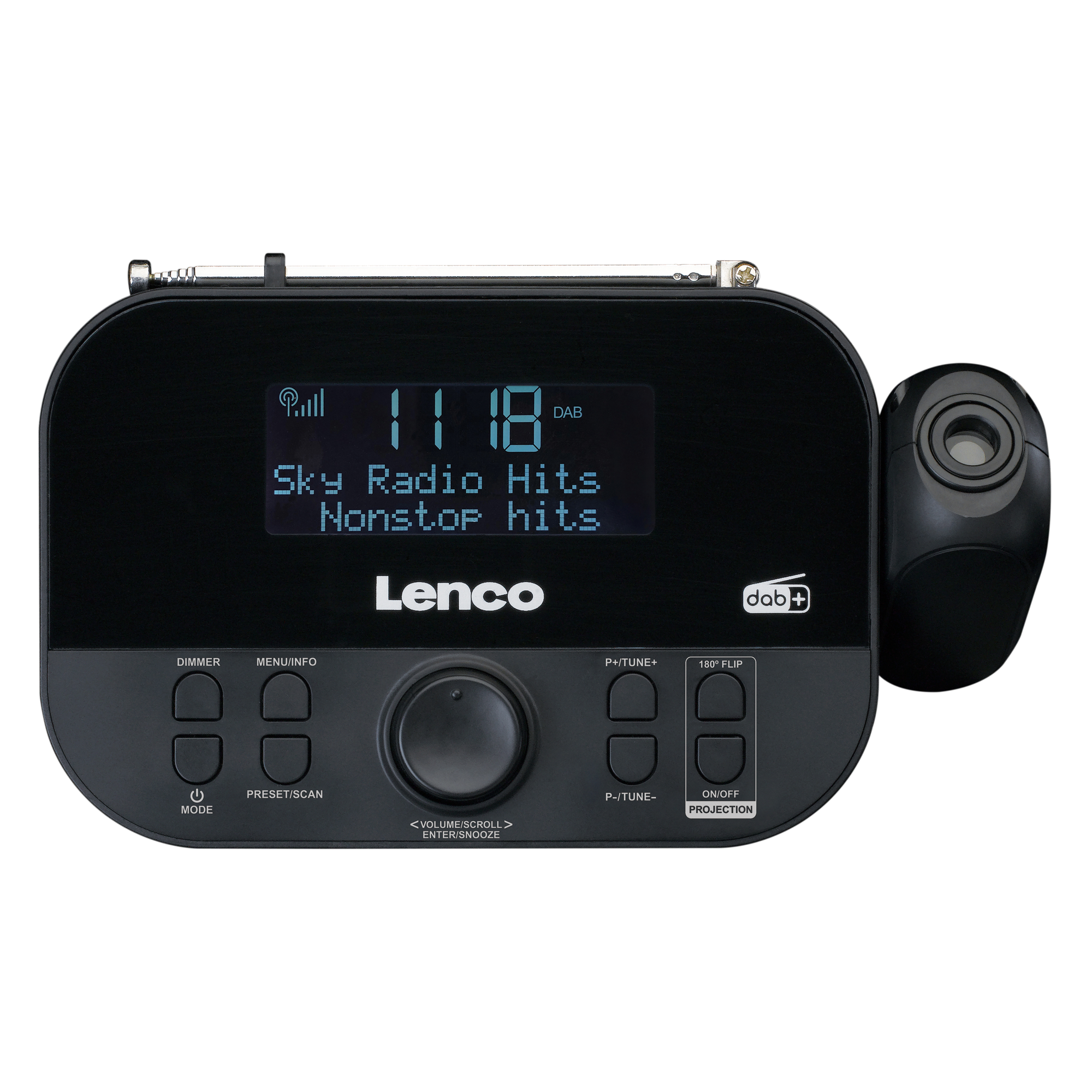 Schwarzes Lenco DAB-Radio mit Anzeige von Uhrzeit und Radiosenderdetails.