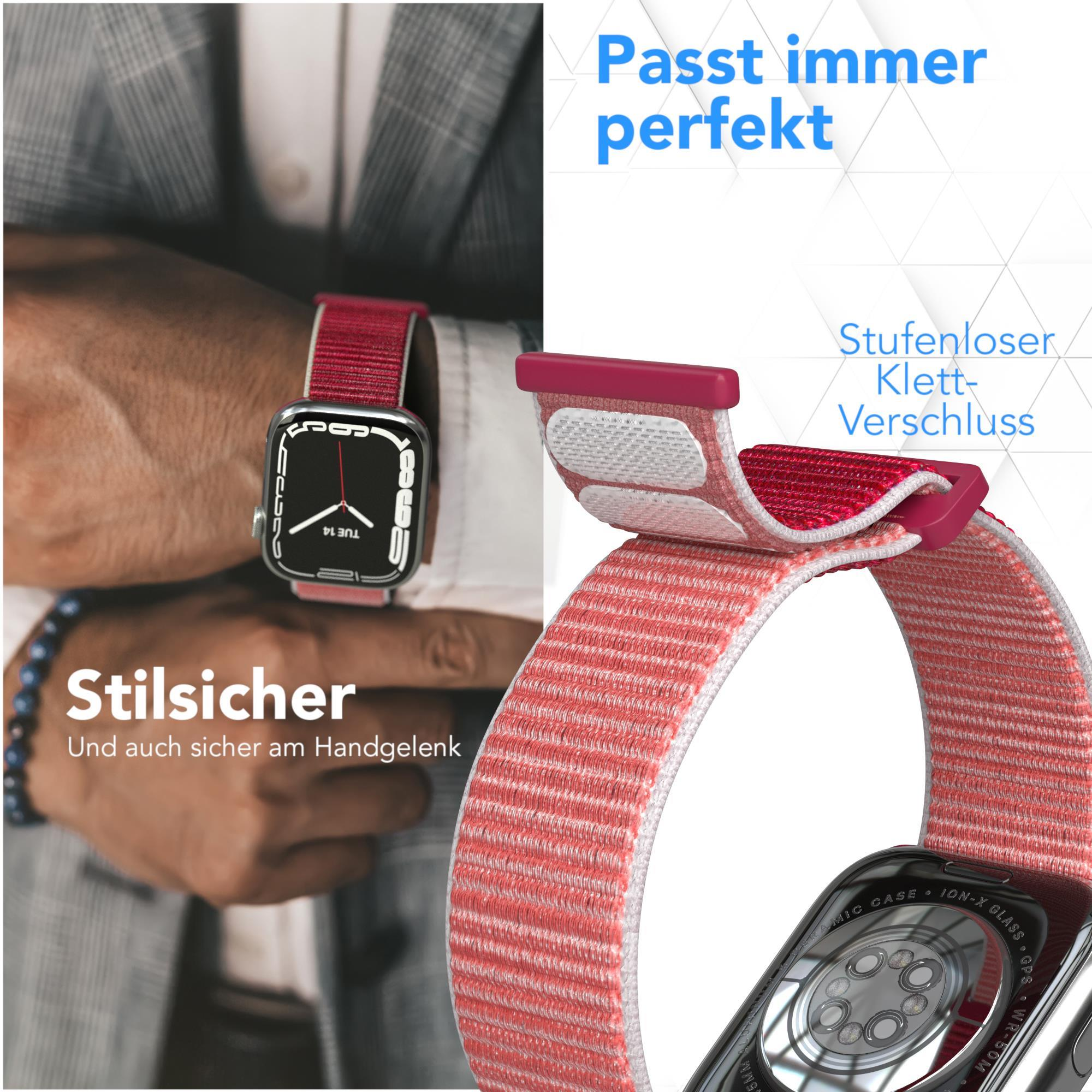 Eine Uhr mit rotem und rosa Armband. Eine Nahaufnahme zeigt den Verschluss des Armbands und die Rückseite der Uhr.
