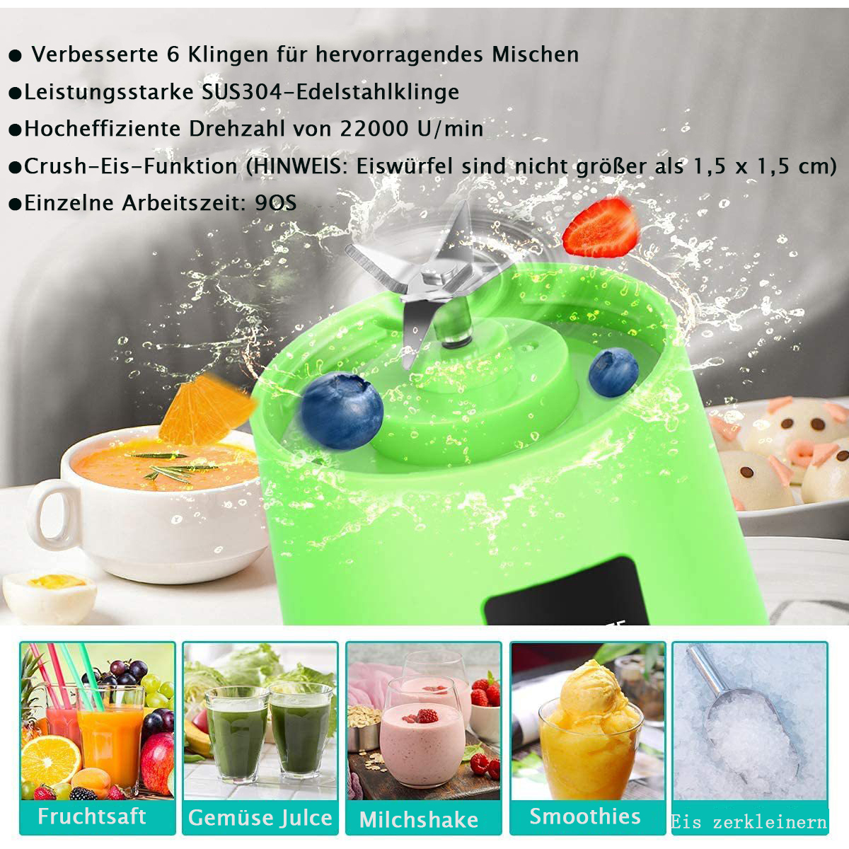Ein grüner Mixer mit Zutaten wie Blaubeeren und Erdbeeren, mit Bildern von Saft und Eis.
