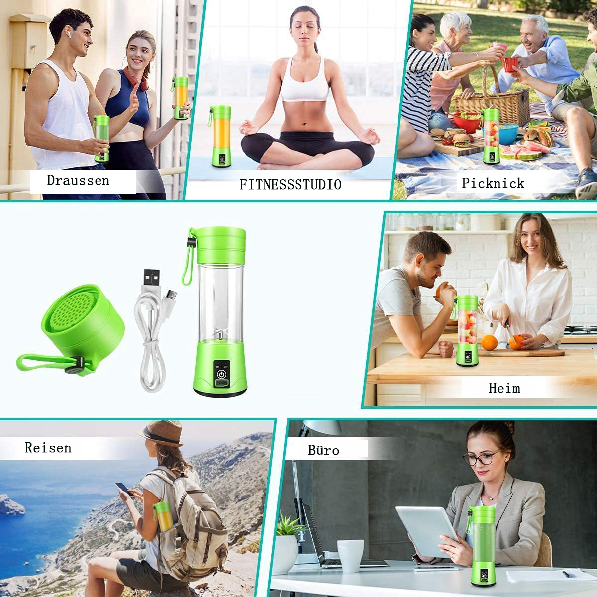 Collage mit einem tragbaren Mixer in verschiedenen Kontexten: draußen, Fitnessstudio, Picknick, Zuhause, Reisen, Büro.