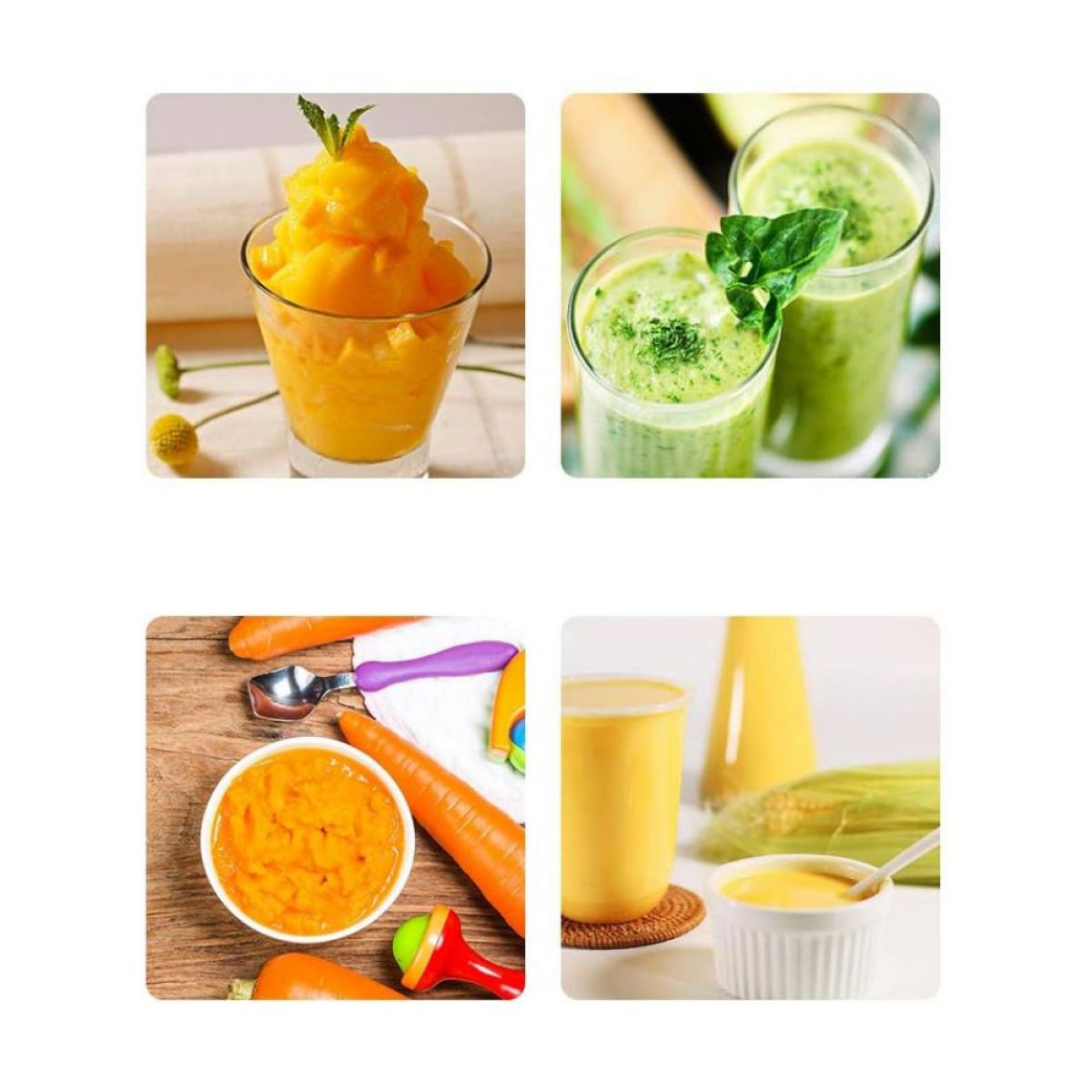 Vier Bilder von Essen: Mango-Smoothie, grüner Smoothie, Karottenpüree in der Schüssel und Maispüree.