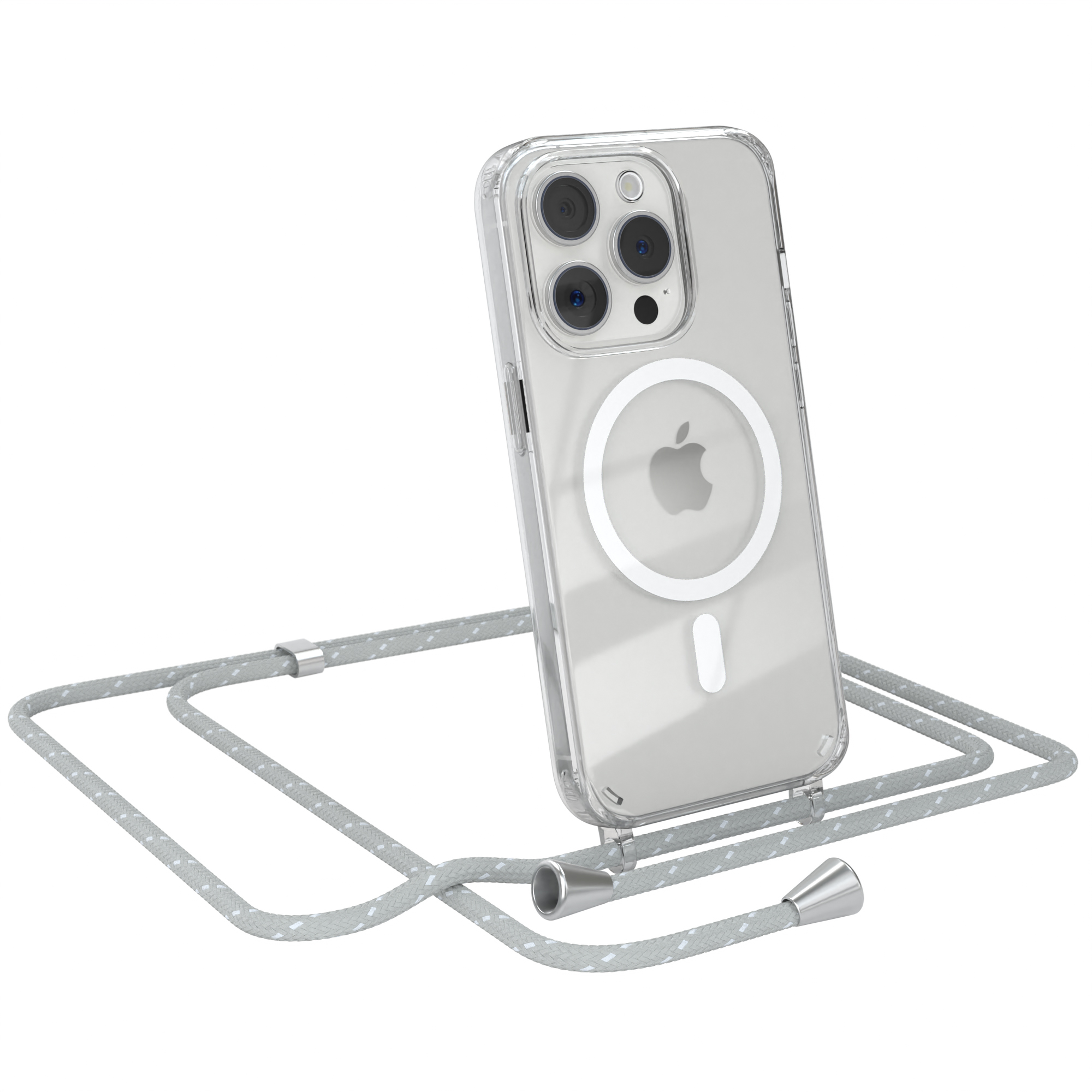 Klare iPhone-Hülle mit weißem MagSafe-Ring, mit einem grau gepunkteten Lanyard.