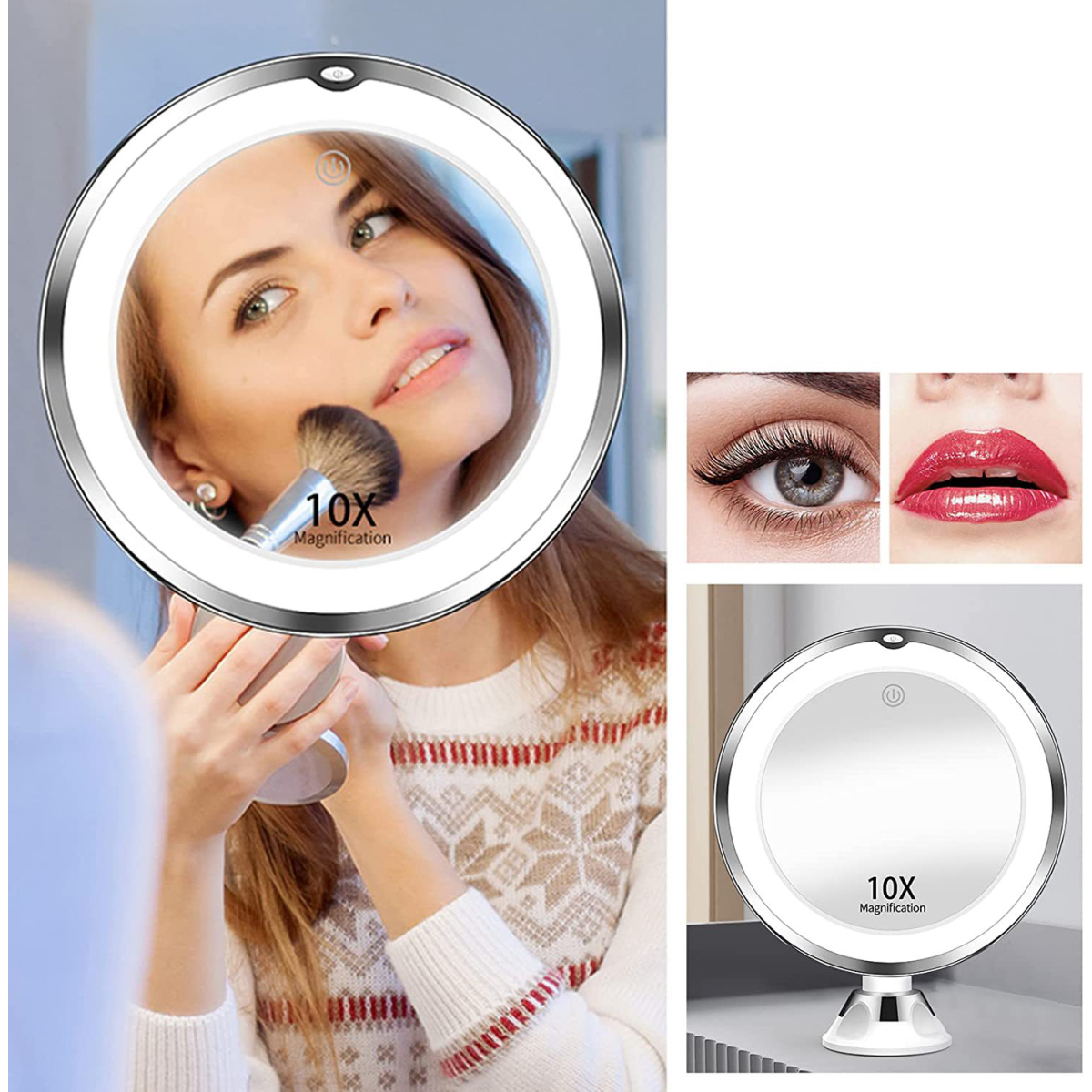 Eine Frau trägt Make-up mit einem großen, beleuchteten Spiegel auf. Daneben gibt es Nahaufnahmen eines Auges und Lippen.