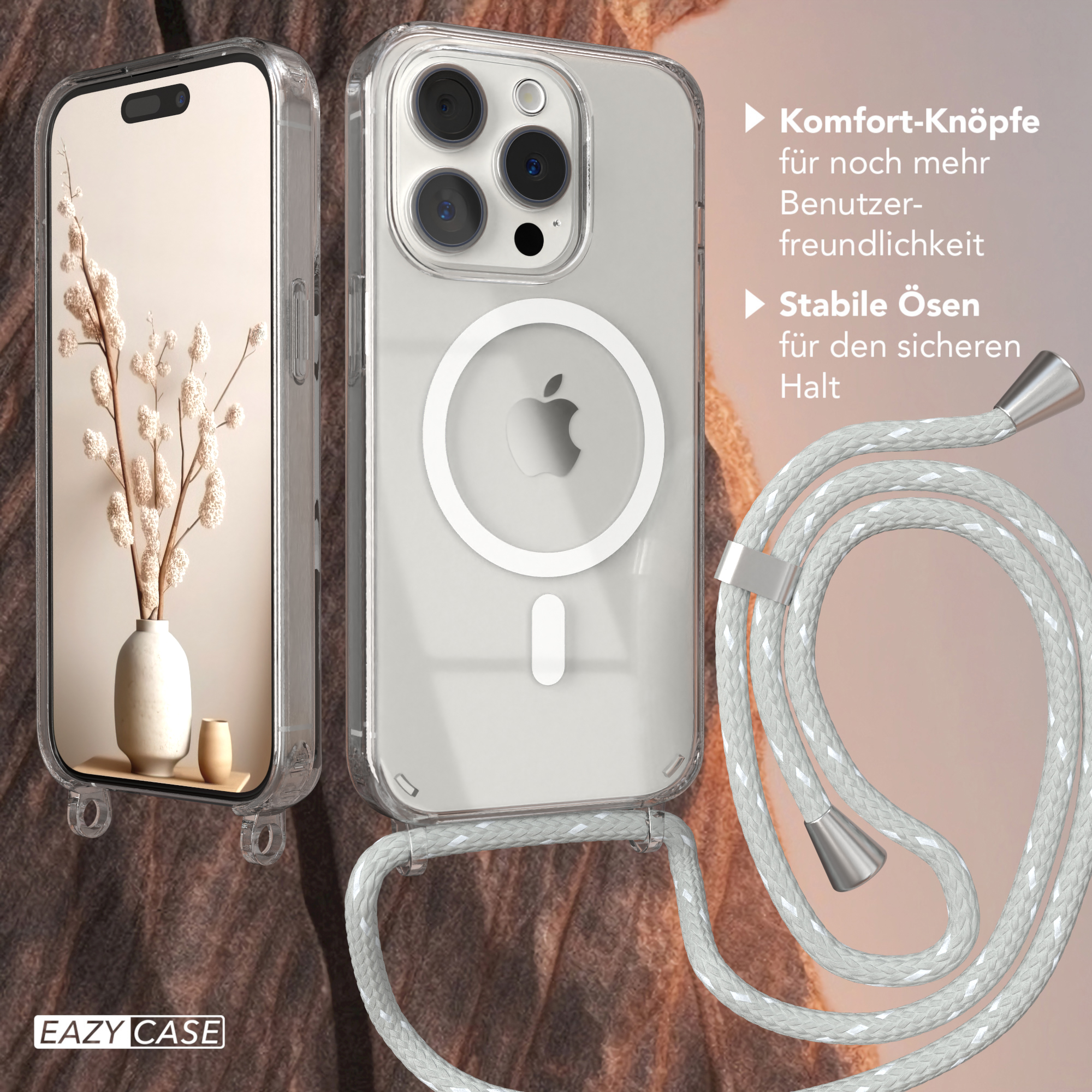 Handyhülle mit Telefon, weißer Kordel. Text an der Seite. Beigefarbener Hintergrund.