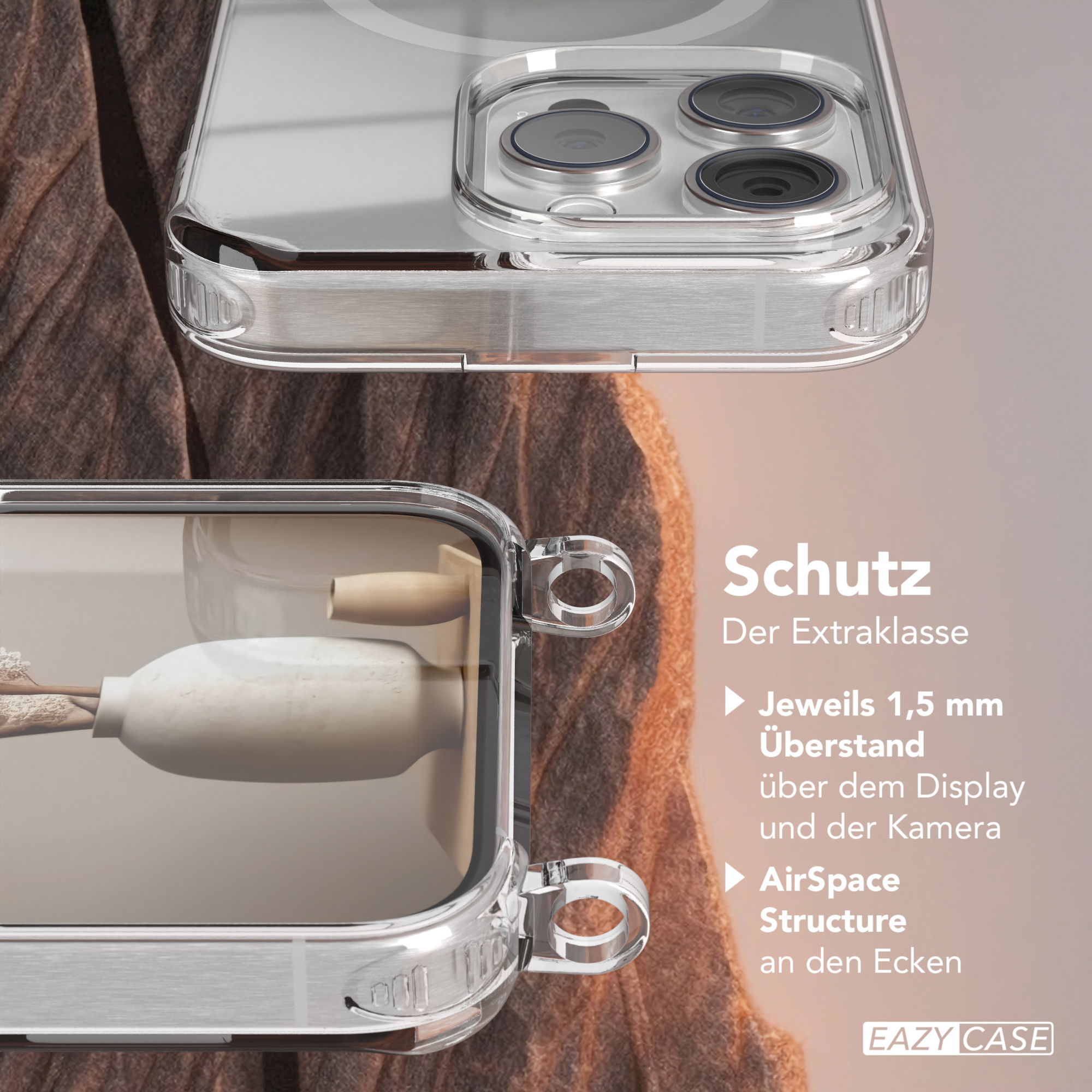 Eine Handyhülle mit klarem Design, die eine Vase zeigt, und Text über Schutzmerkmale.