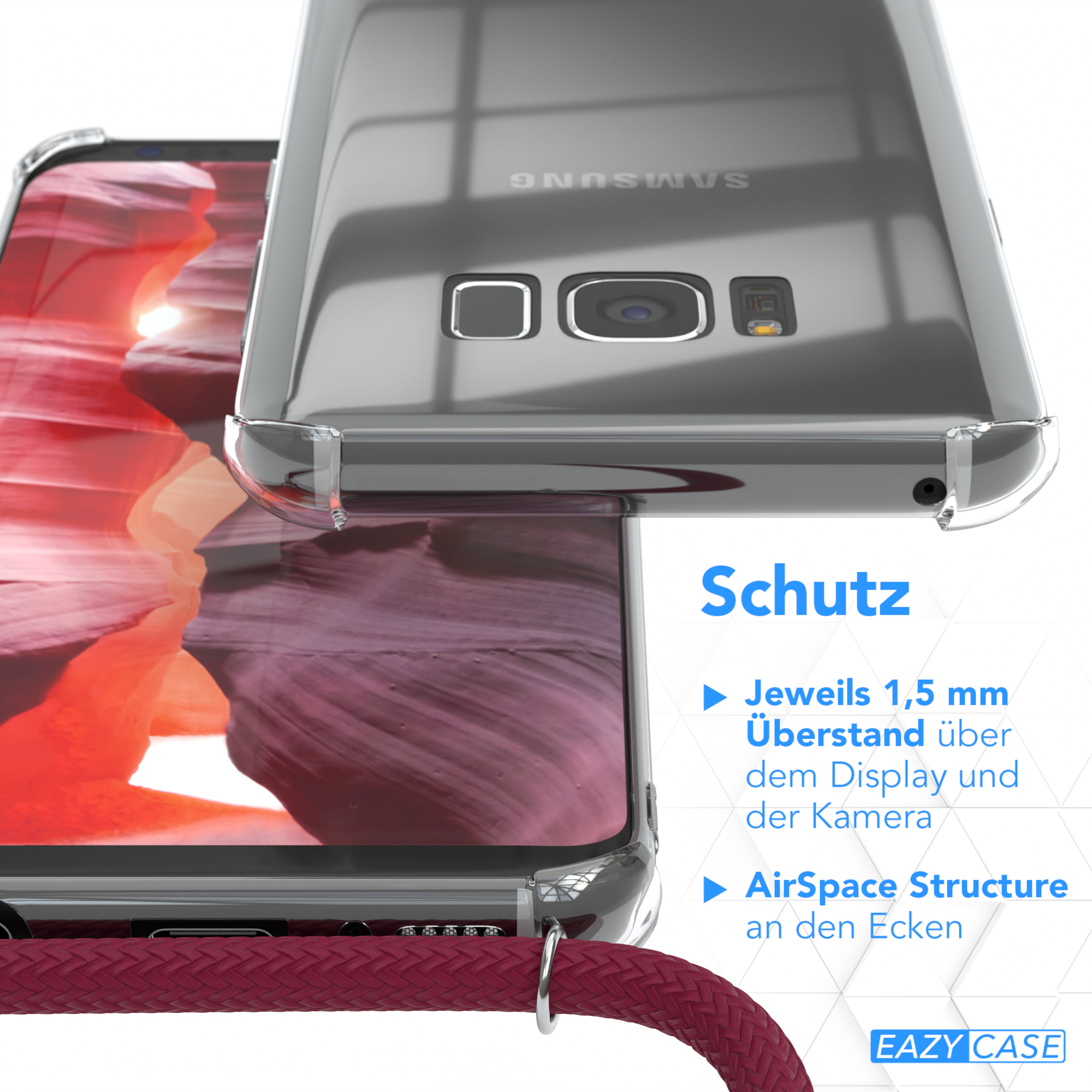 Handyhülle auf Telefon. Klare Hülle. Text auf Deutsch: Schutz und Details. Rotes Kabel.