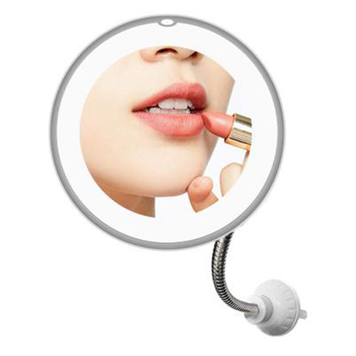 Frau trägt Lippenstift auf, mit einem beleuchteten Schminkspiegel mit flexiblem Arm und Saugnapf.
