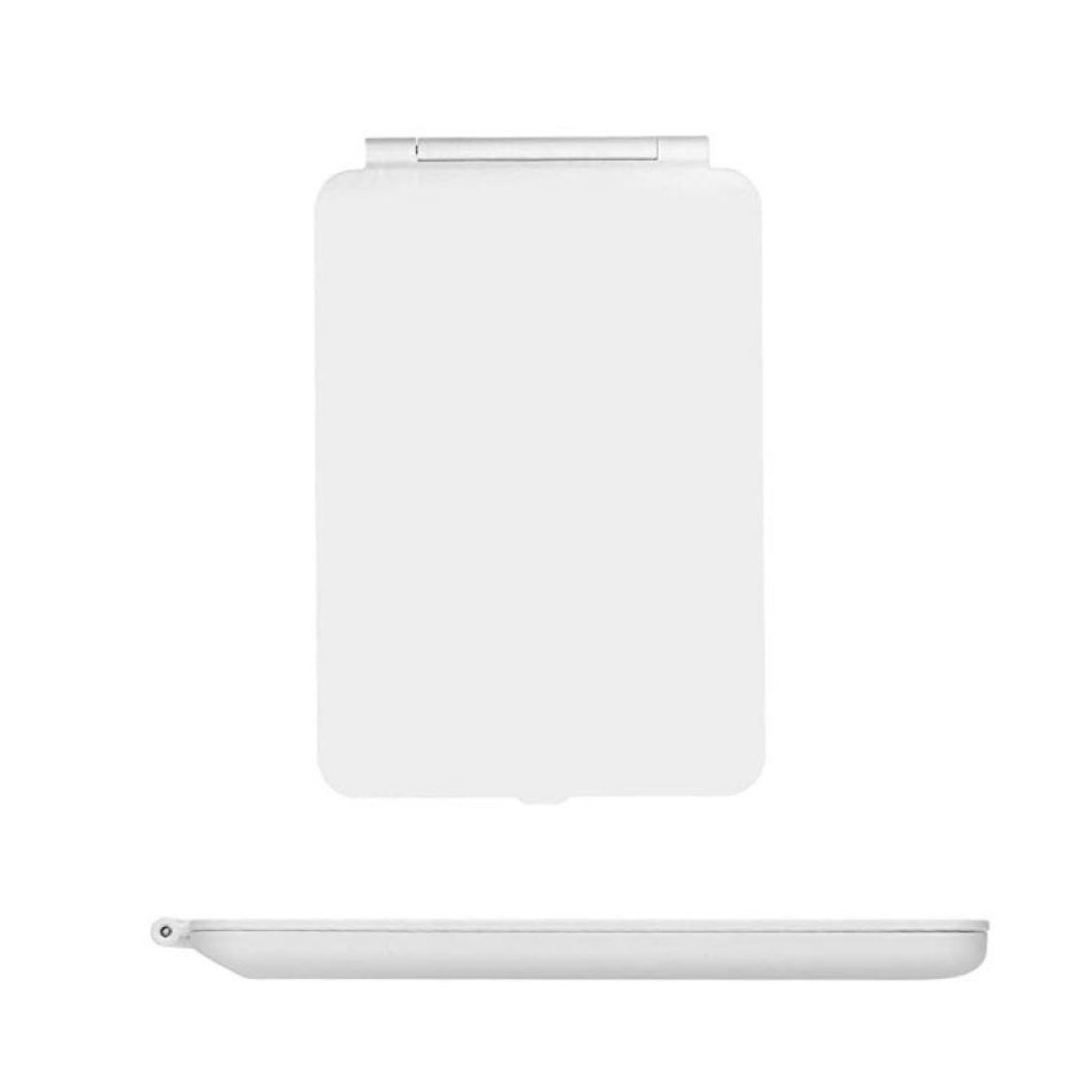 Weißes, rechteckiges, geschlossenes Tablet. Draufsicht und Seitenansicht.