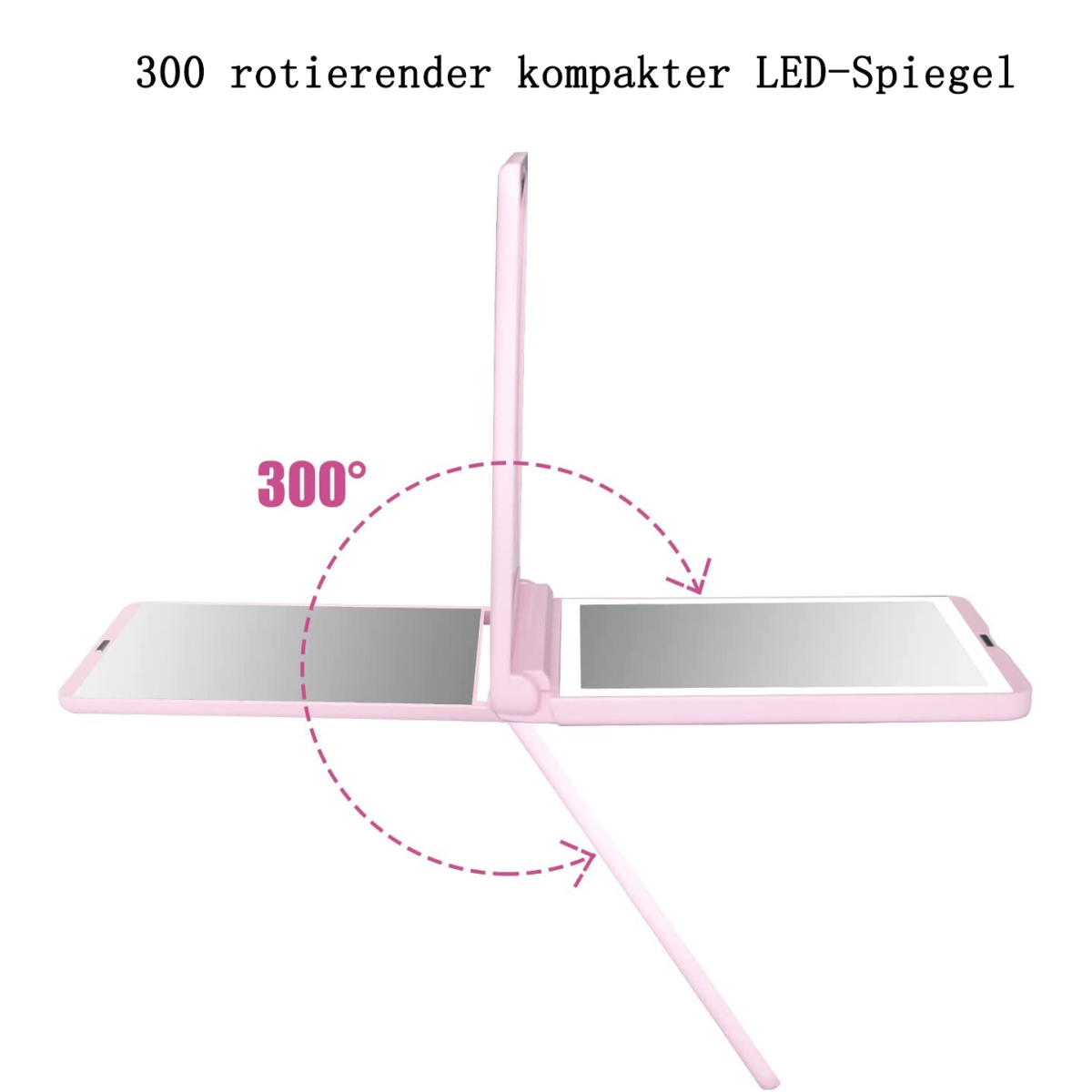 Pinkfarbener, faltbarer LED-Spiegel. Der Spiegel ist geöffnet und hat zwei Paneele, die einen 300-Grad-Bereich zeigen.