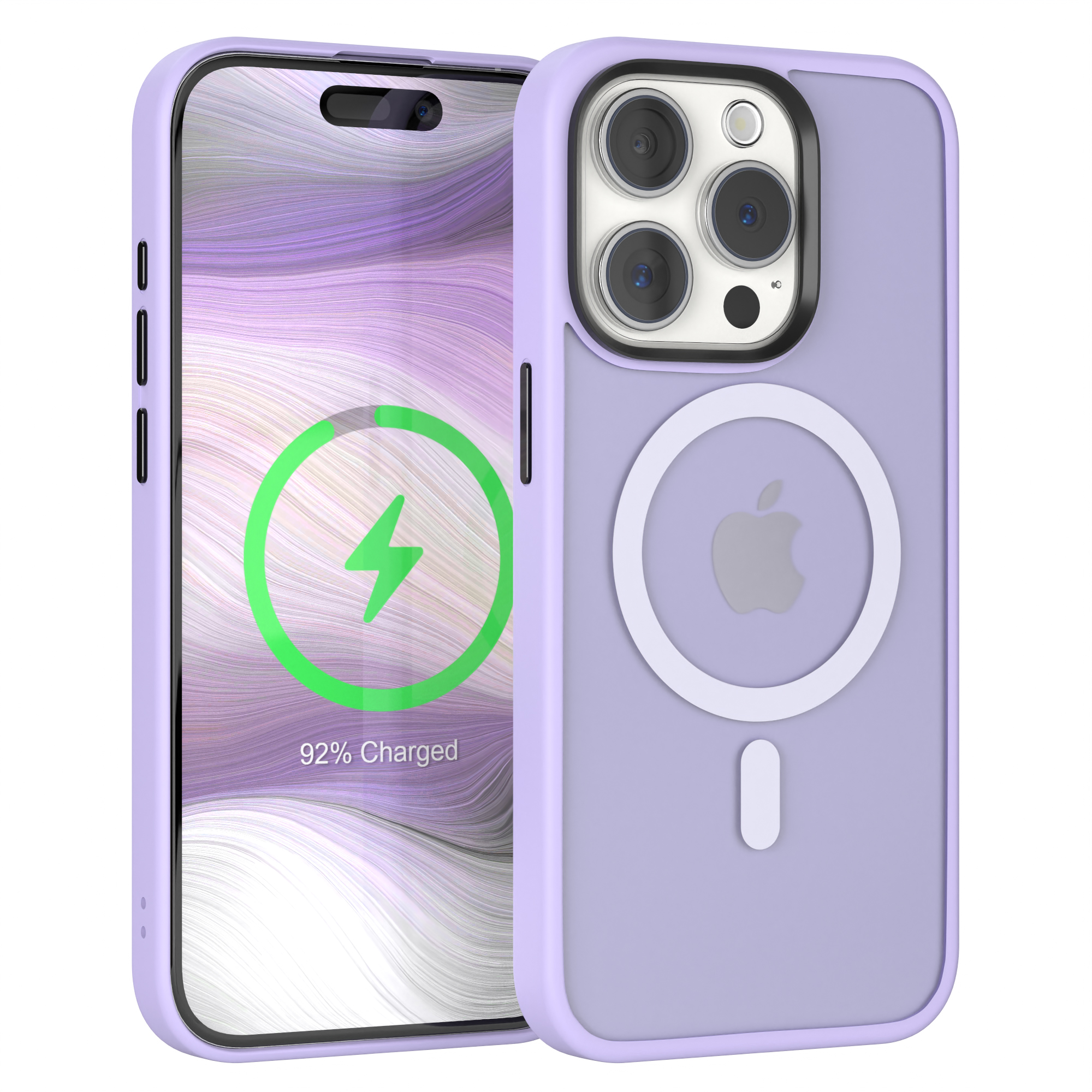 Lila Telefon mit helllila Hülle, grünes Ladesymbol. Weißer Hintergrund.