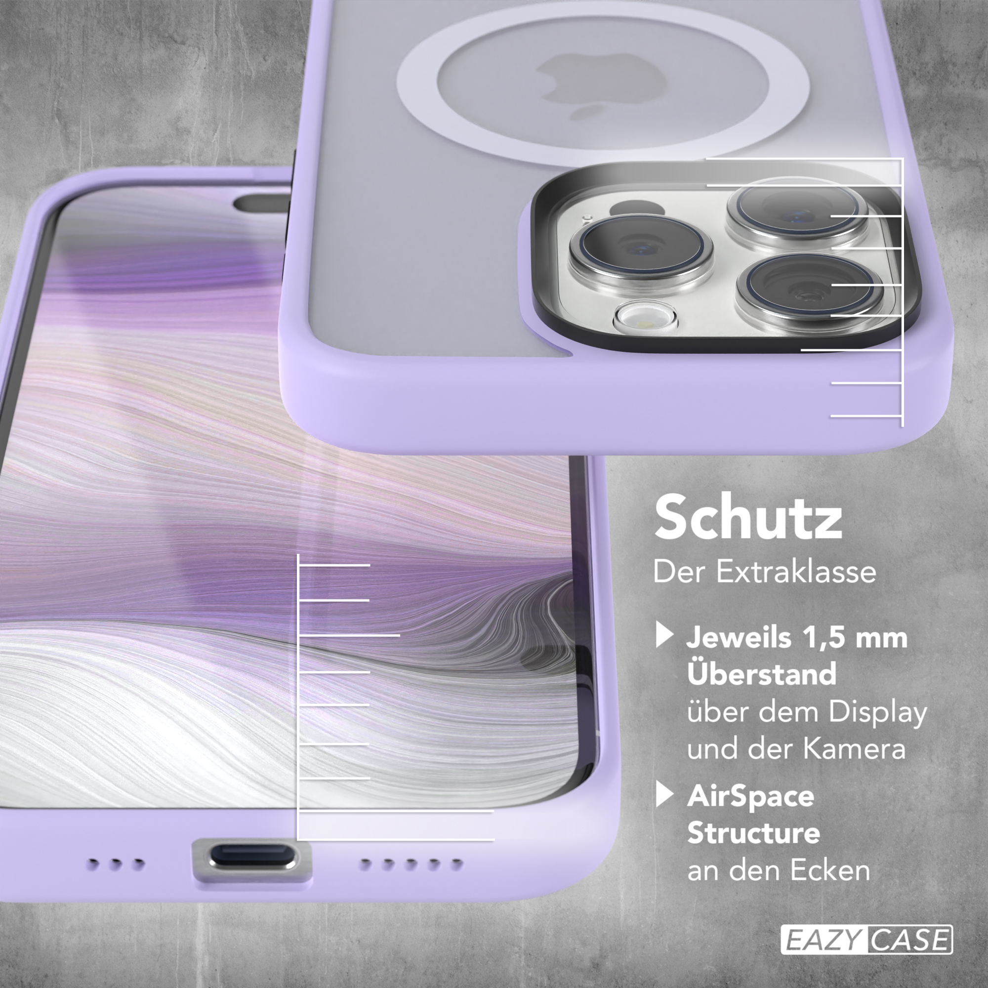 Lila Handyhülle mit Text und einem Handy.
