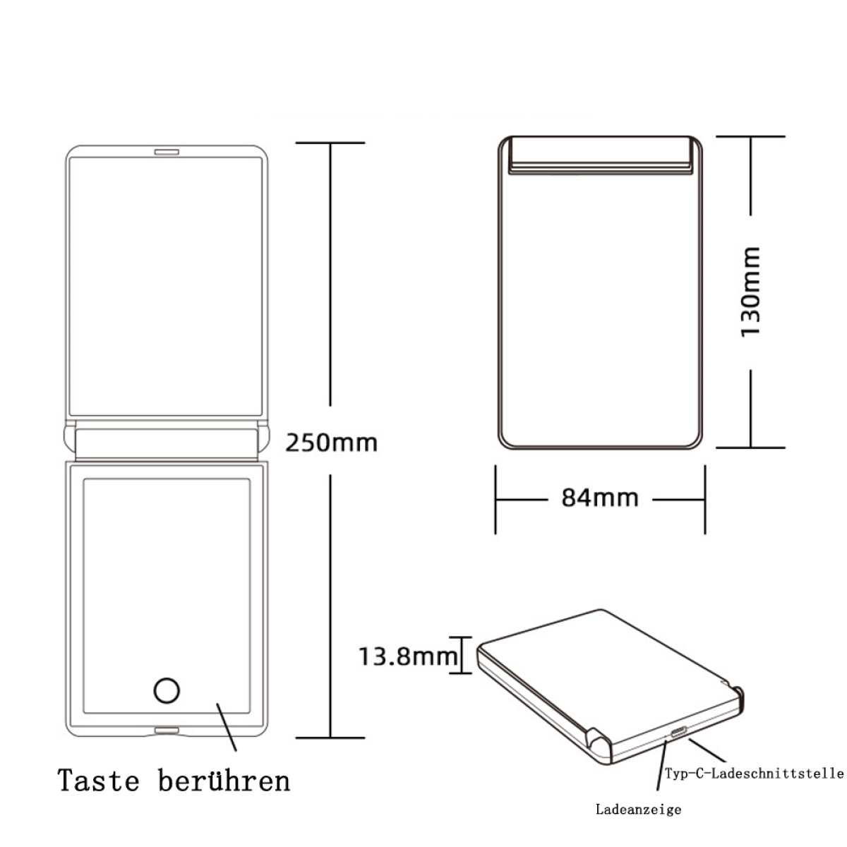 Technische Zeichnung eines Tablets. Abmessungen und ein Ladeanschluss sind beschriftet.