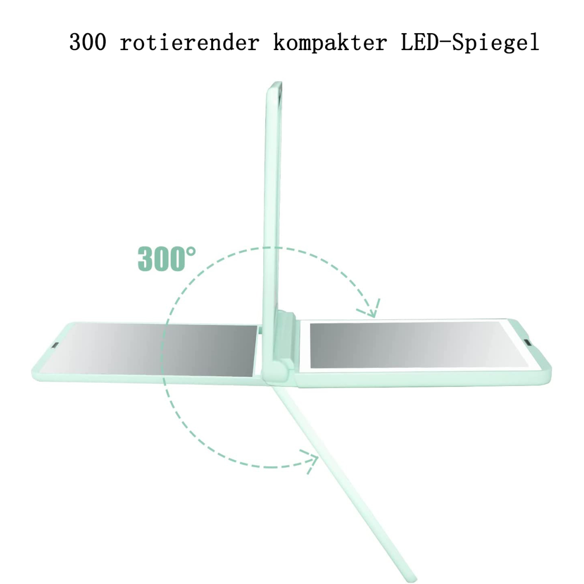 Ein weißer Spiegel mit zwei Paneelen, 300-Grad-Drehung und hellgrünem Rahmen.
